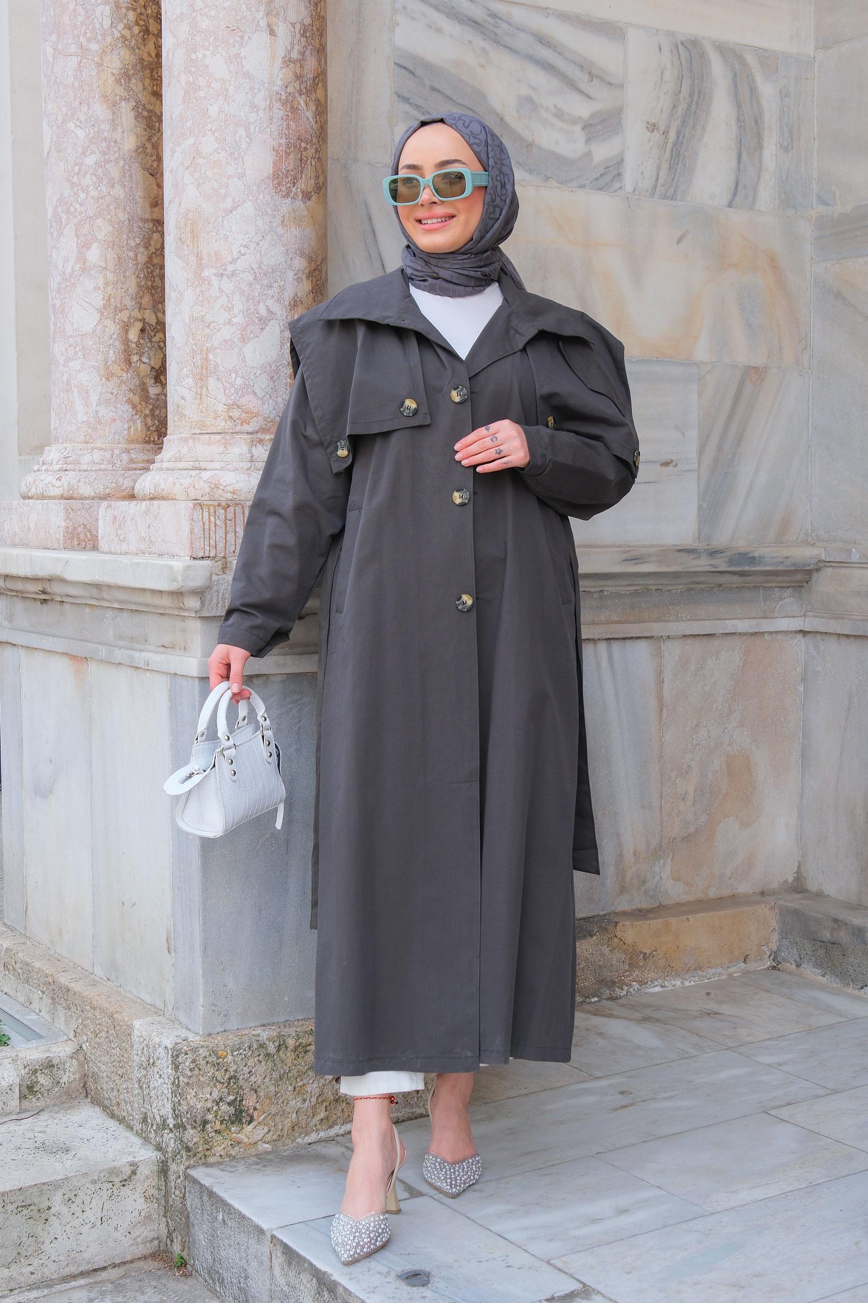 Pelerin Detay Bel Bağlamalı Trenckot Antrasit