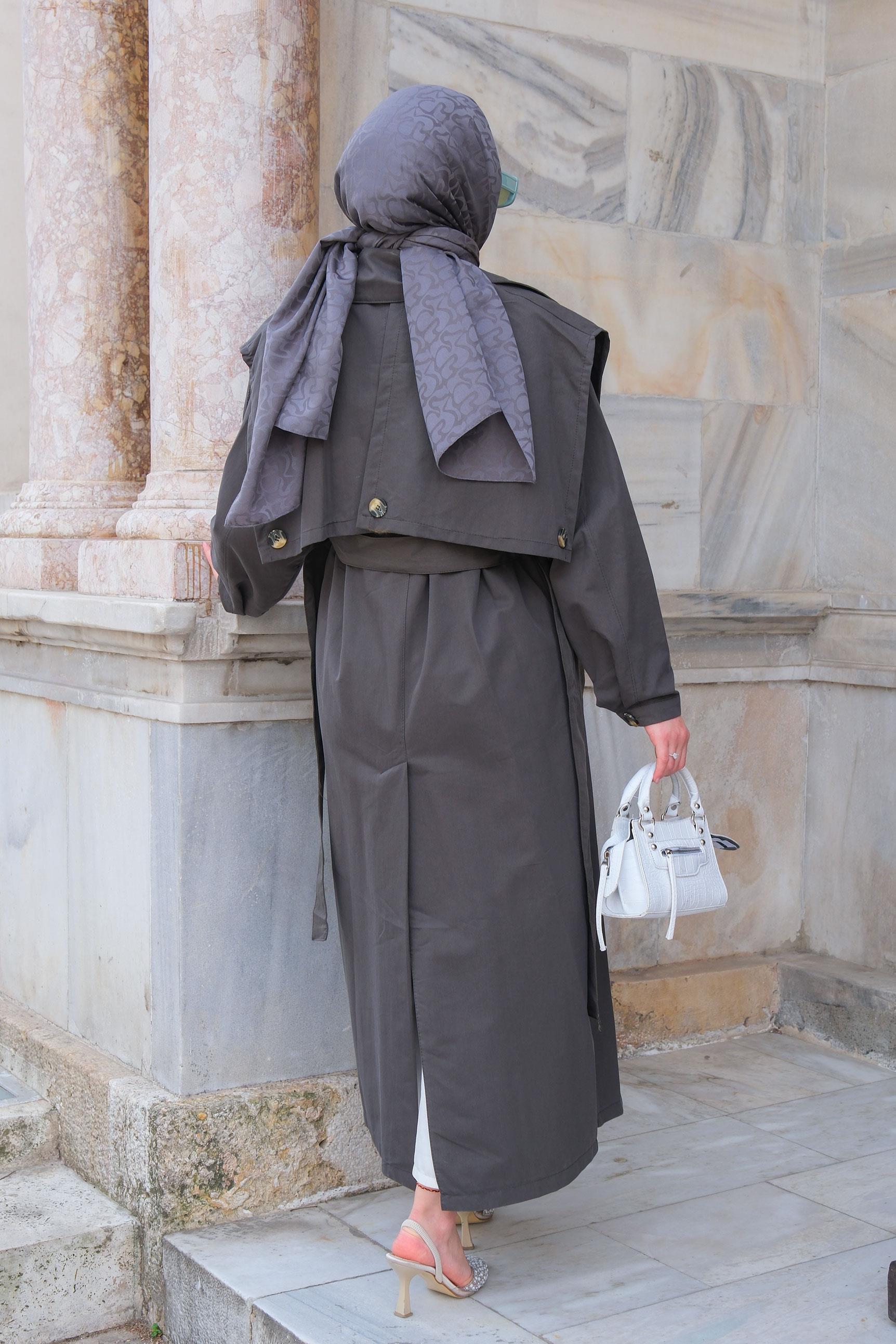 Pelerin Detay Bel Bağlamalı Trenckot Antrasit