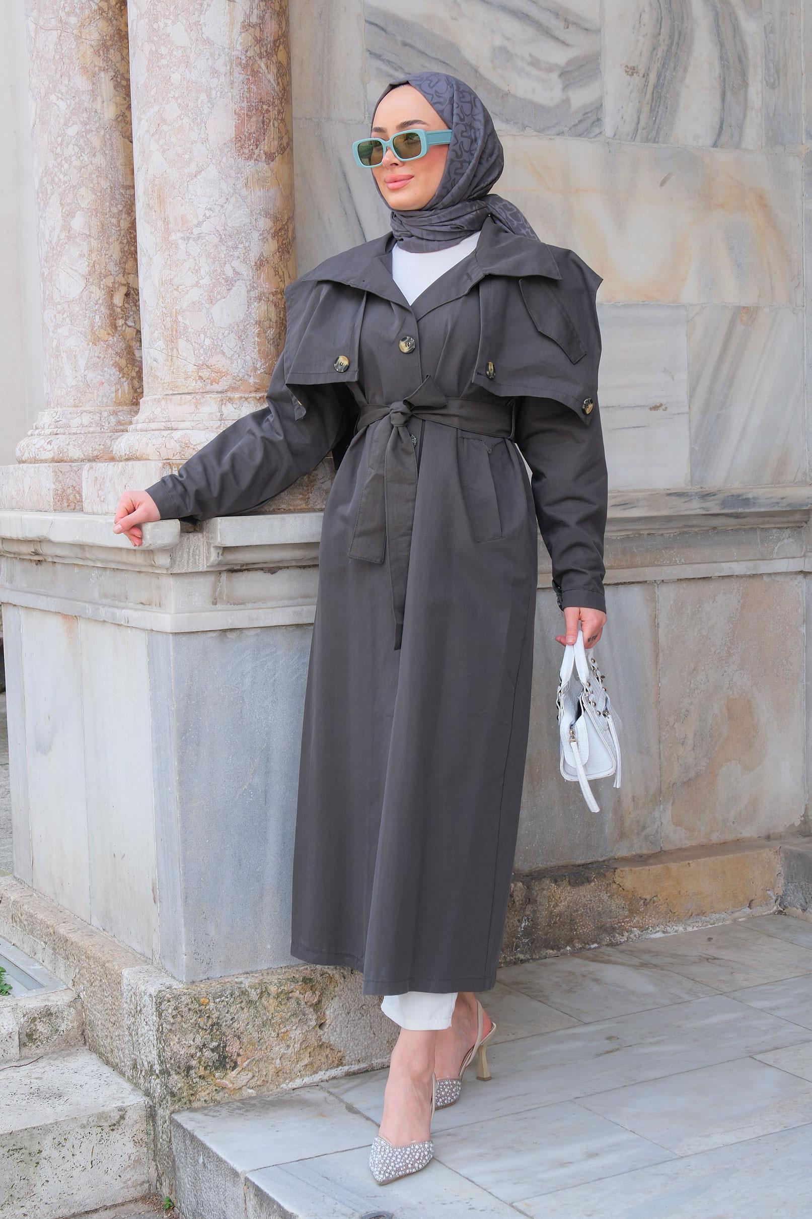 Pelerin Detay Bel Bağlamalı Trenckot Antrasit