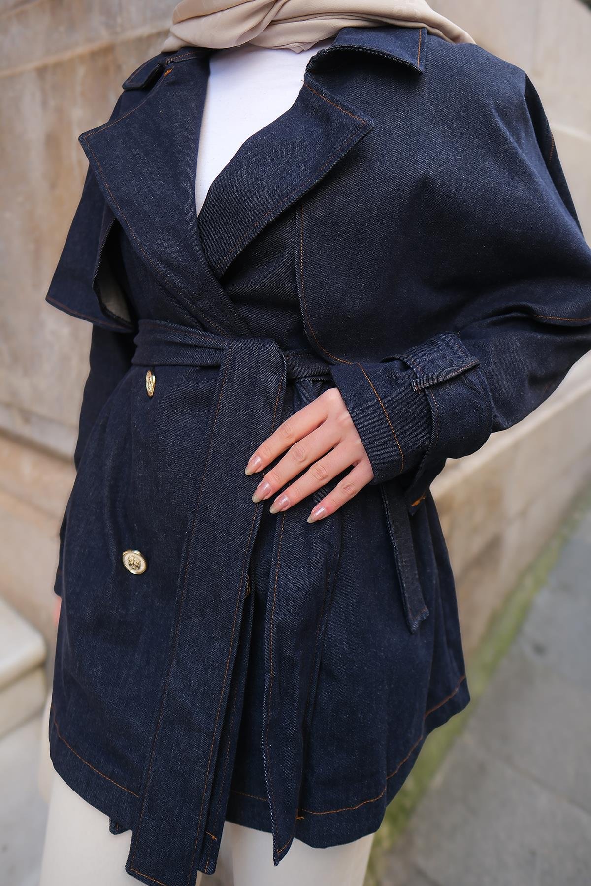 Pelerin Kollu Kısa Kot Trenç Koyu Mavi