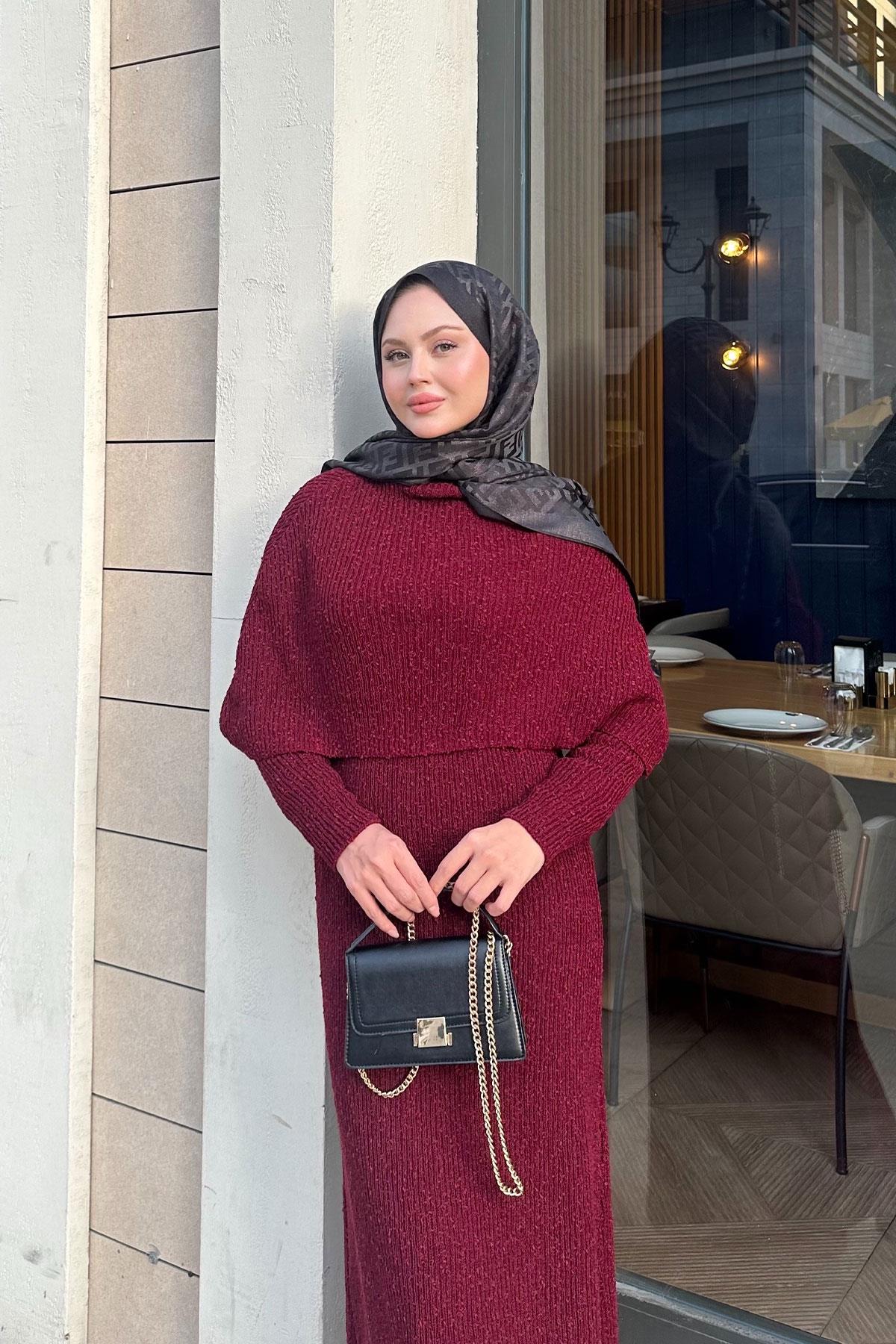 Pelerin Yaka Elbise Bordo