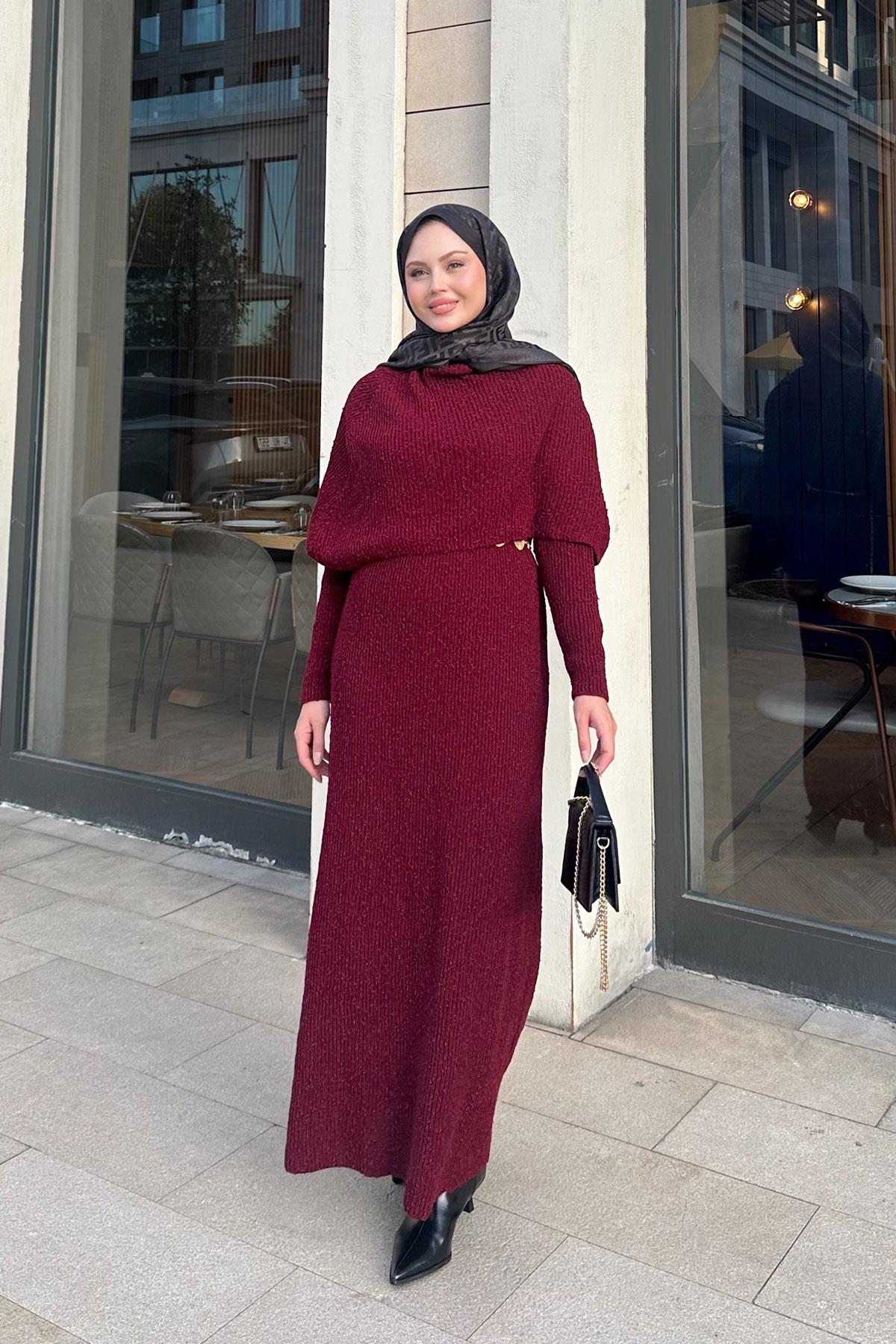 Pelerin Yaka Elbise Bordo