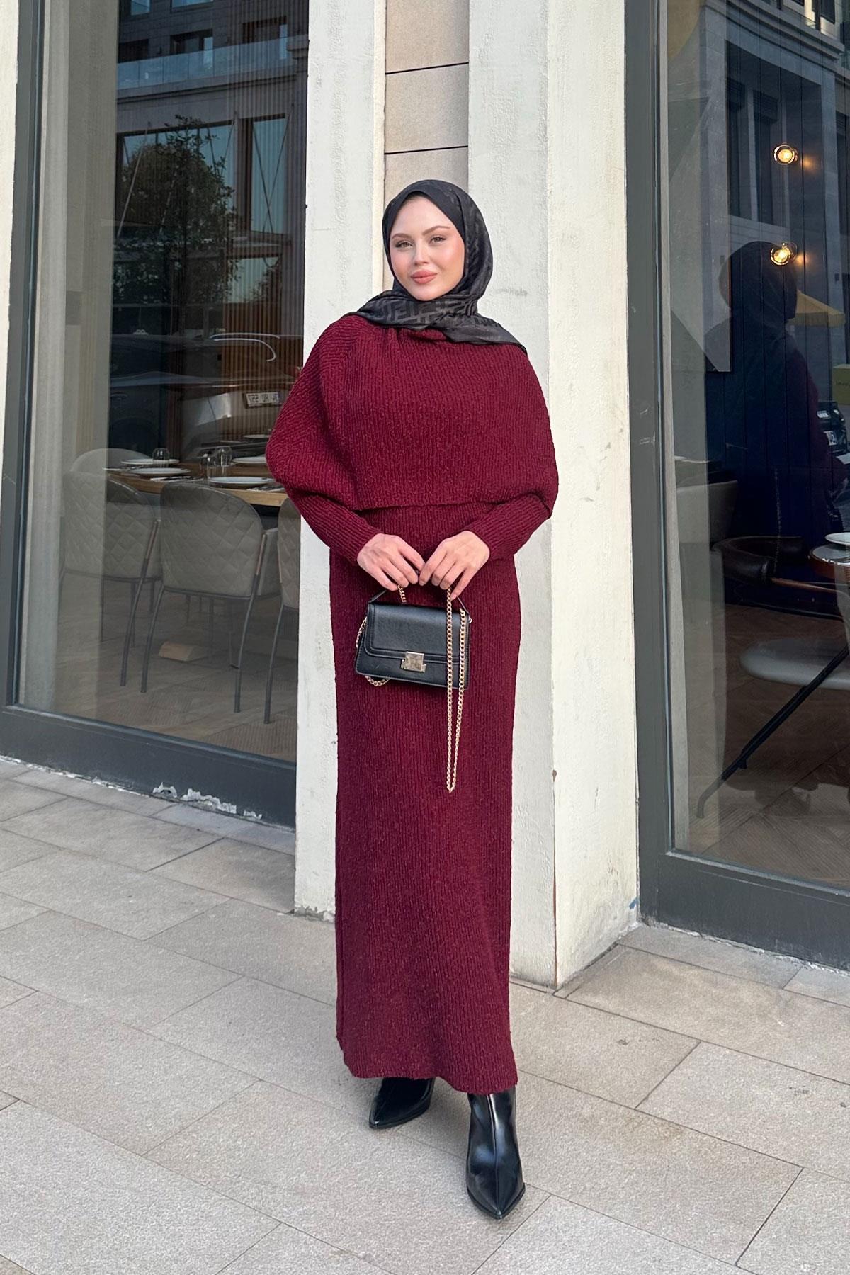 Pelerin Yaka Elbise Bordo