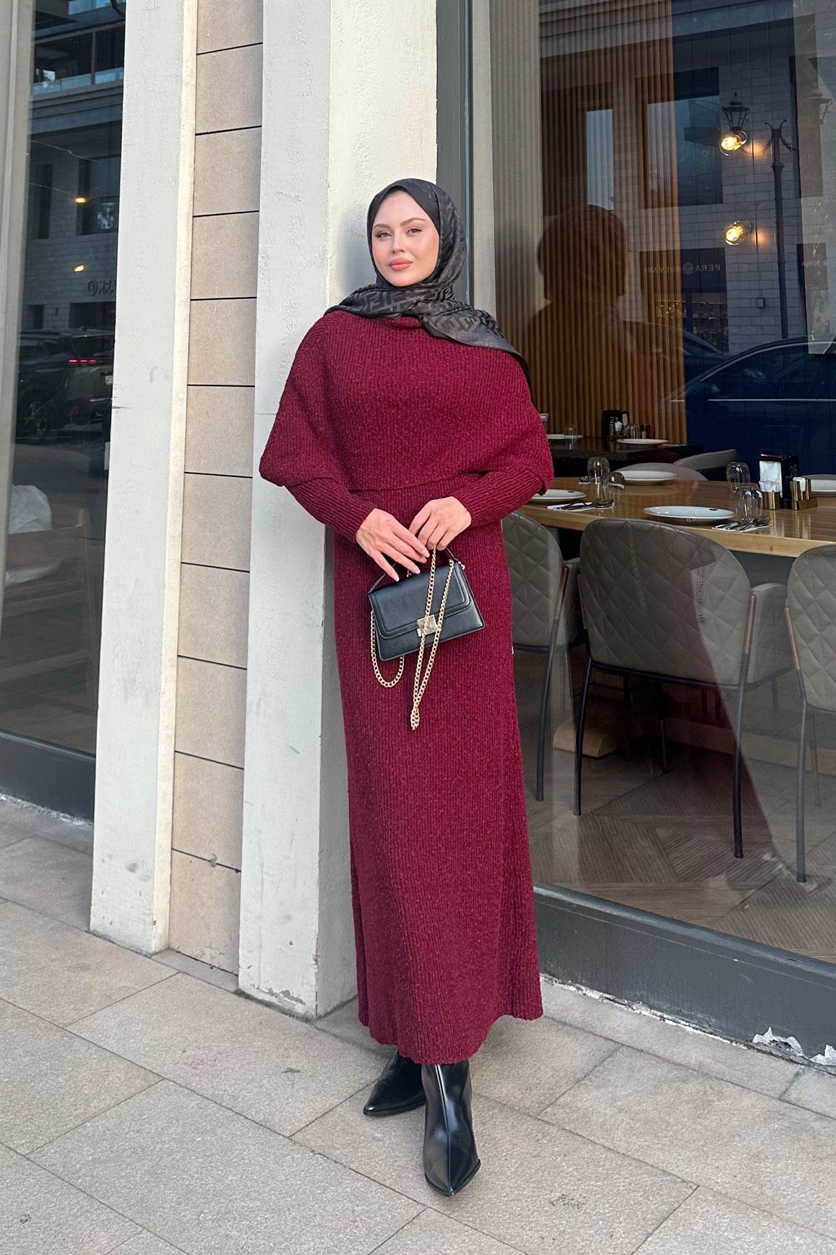 Pelerin Yaka Elbise Bordo