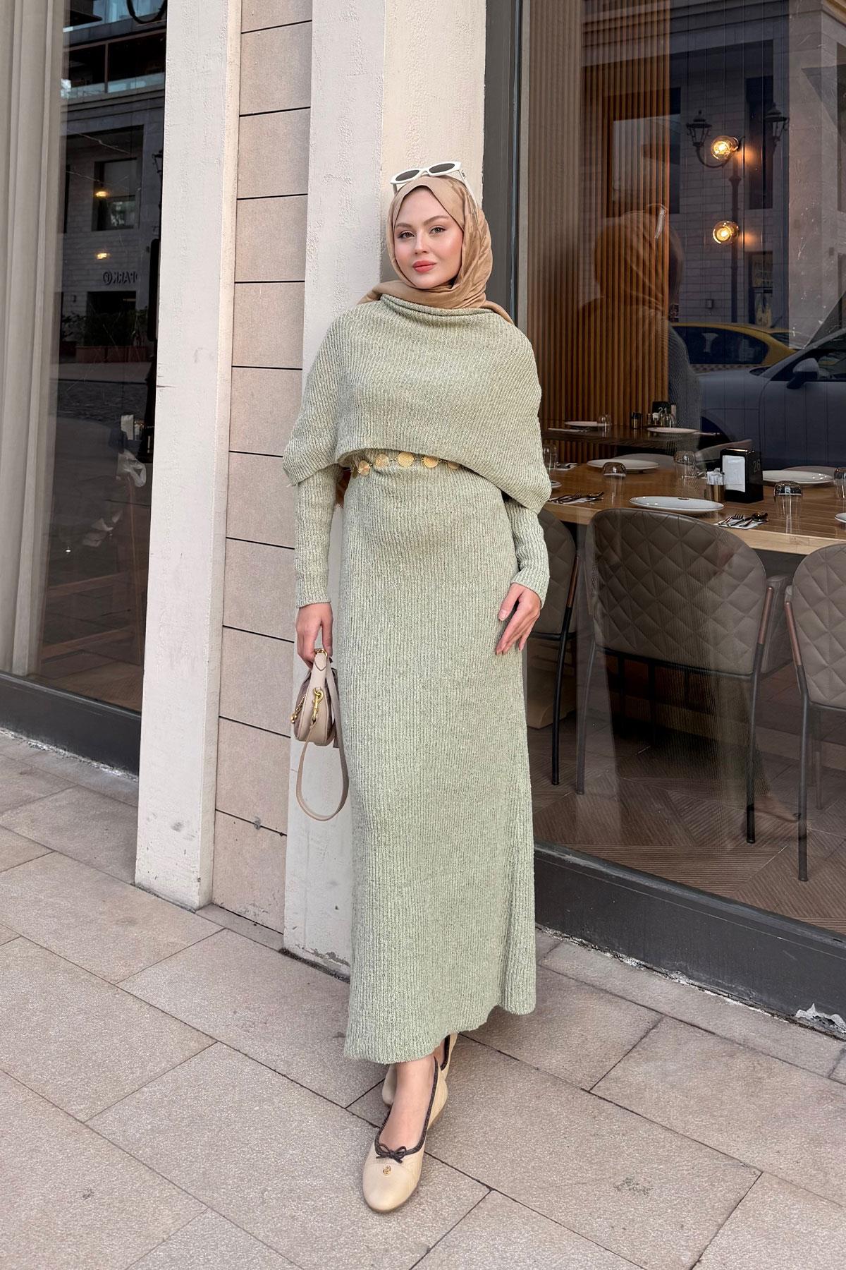 Pelerin Yaka Elbise Fıstık Yeşil