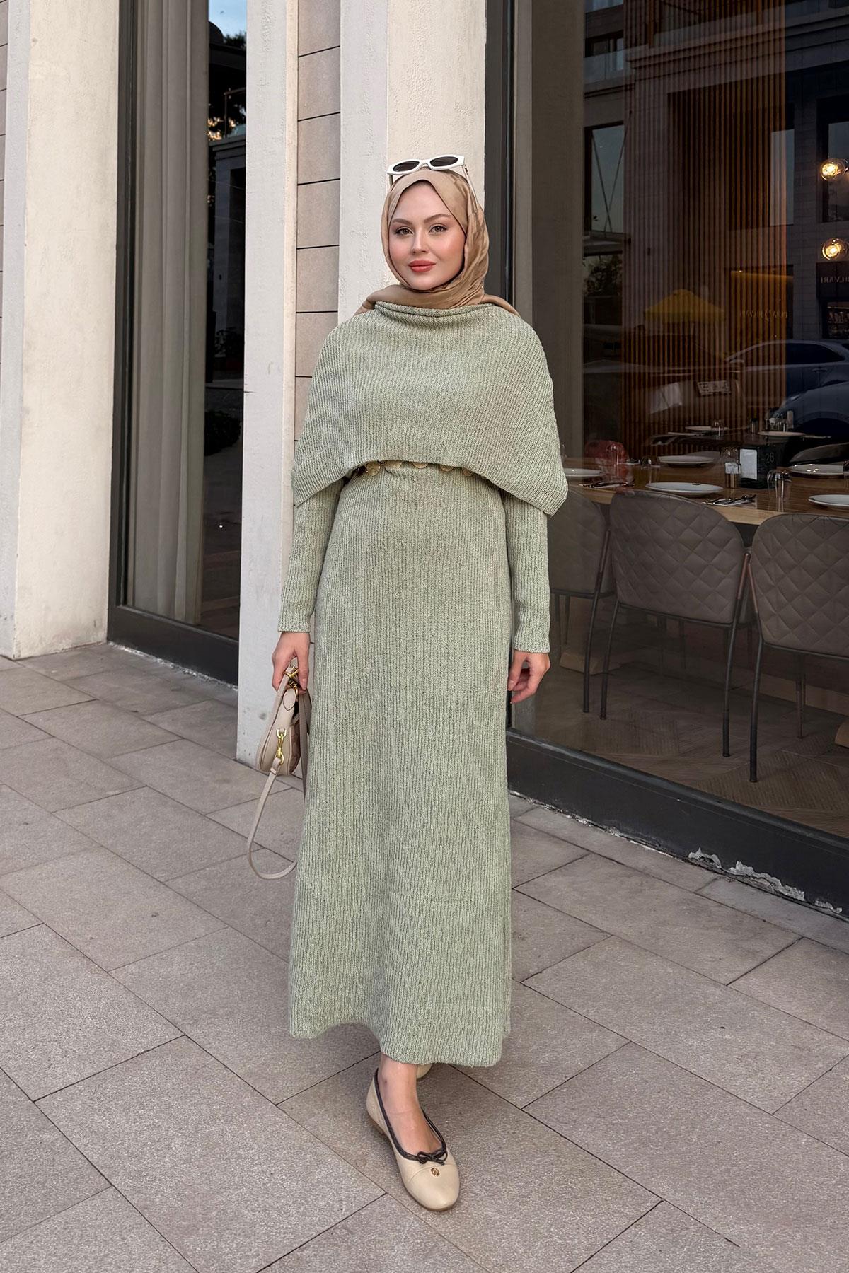 Pelerin Yaka Elbise Fıstık Yeşil