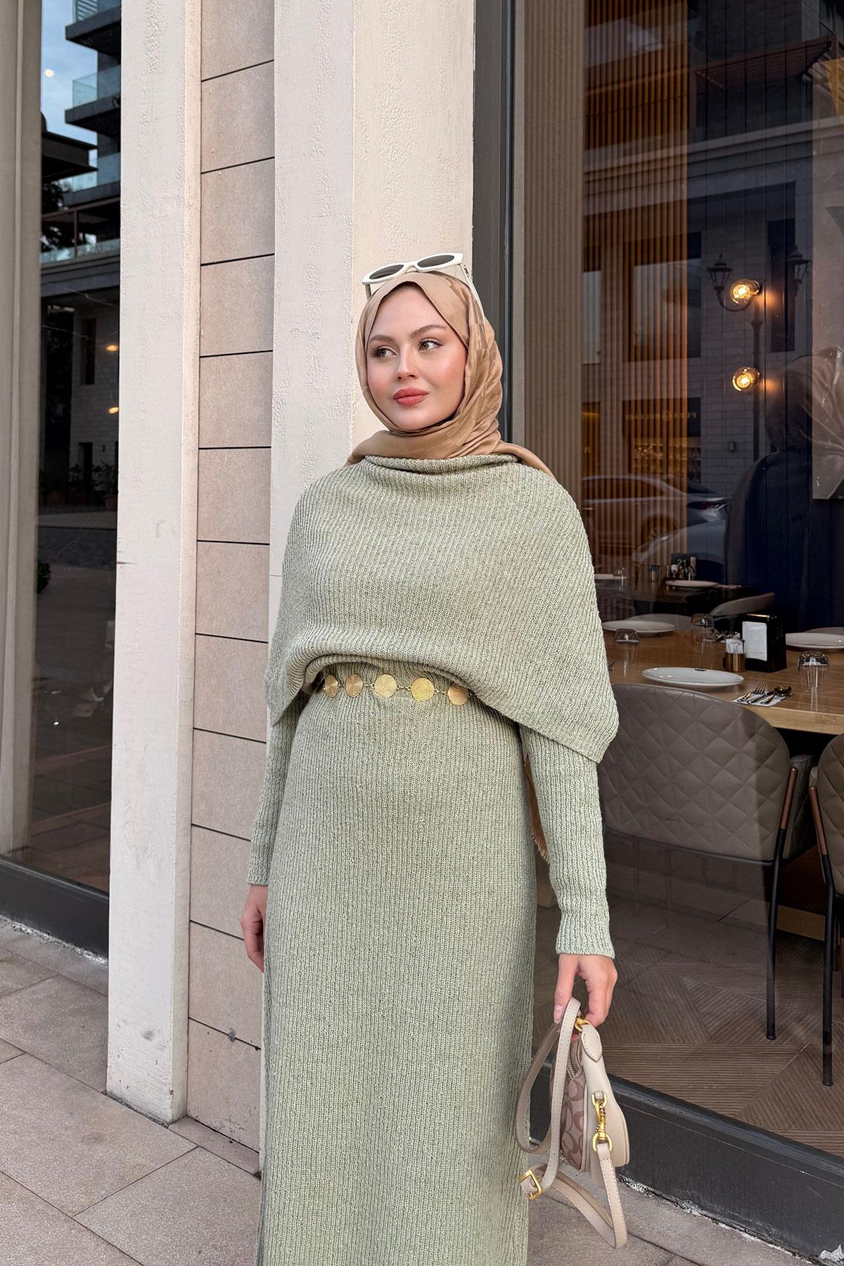 Pelerin Yaka Elbise Fıstık Yeşil