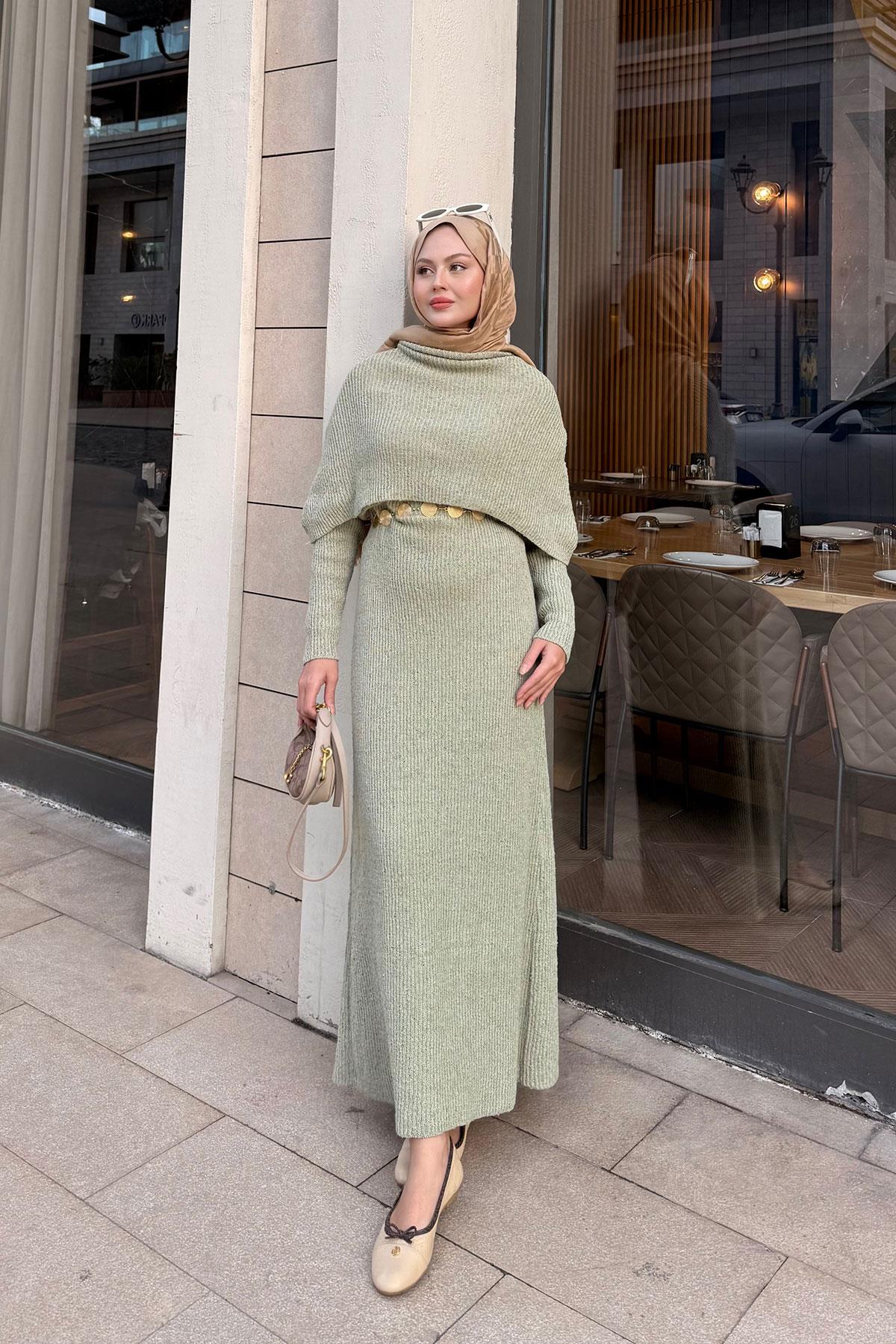 Pelerin Yaka Elbise Fıstık Yeşil