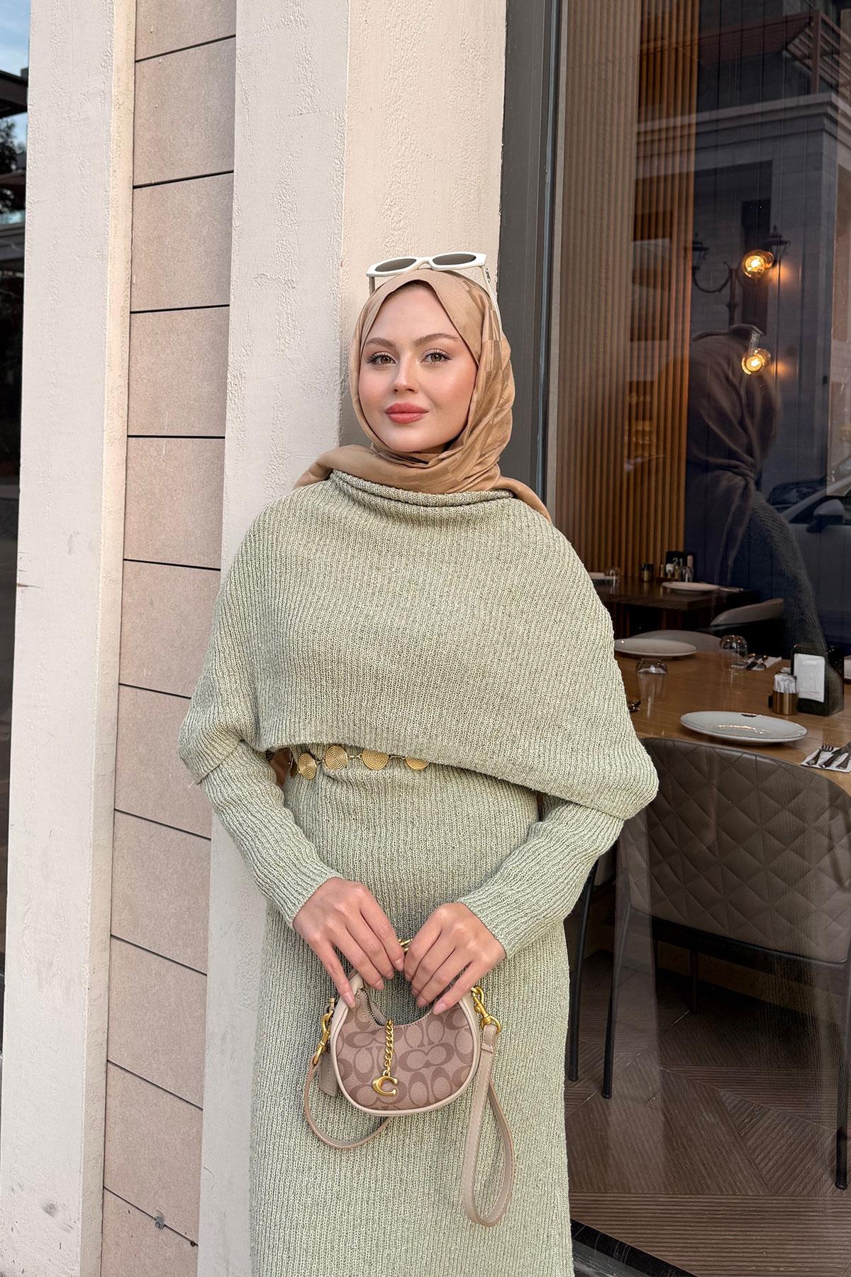 Pelerin Yaka Elbise Fıstık Yeşil