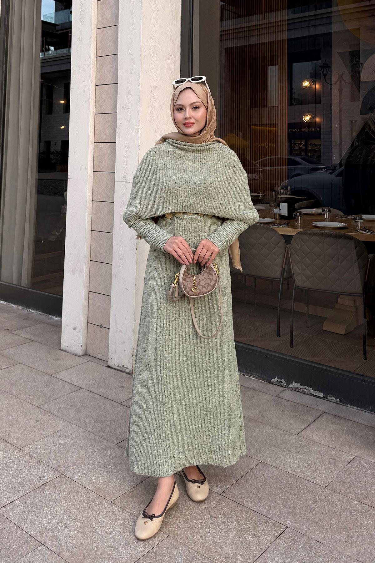 Pelerin Yaka Elbise Fıstık Yeşil