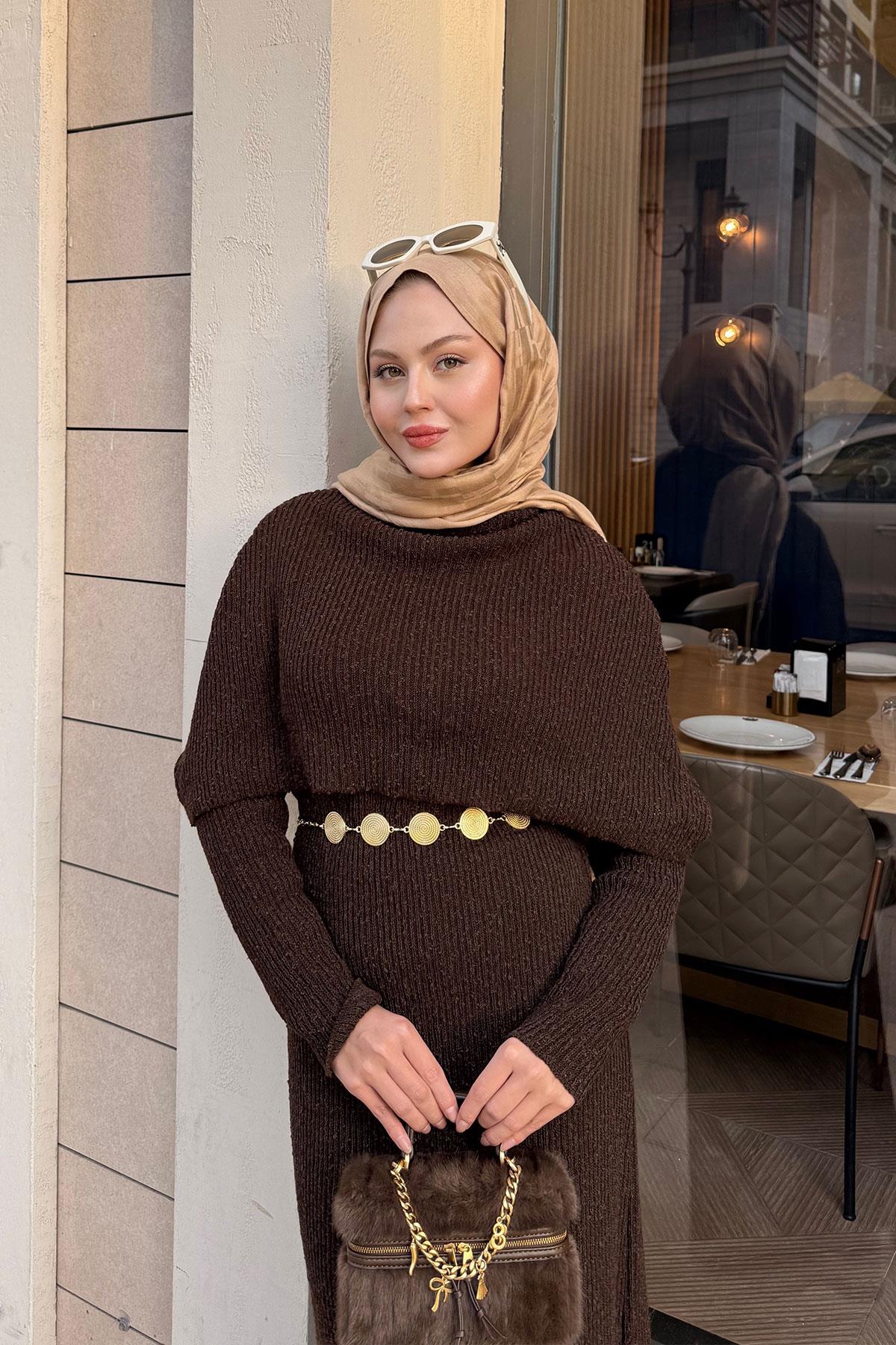 Pelerin Yaka Elbise Kahve