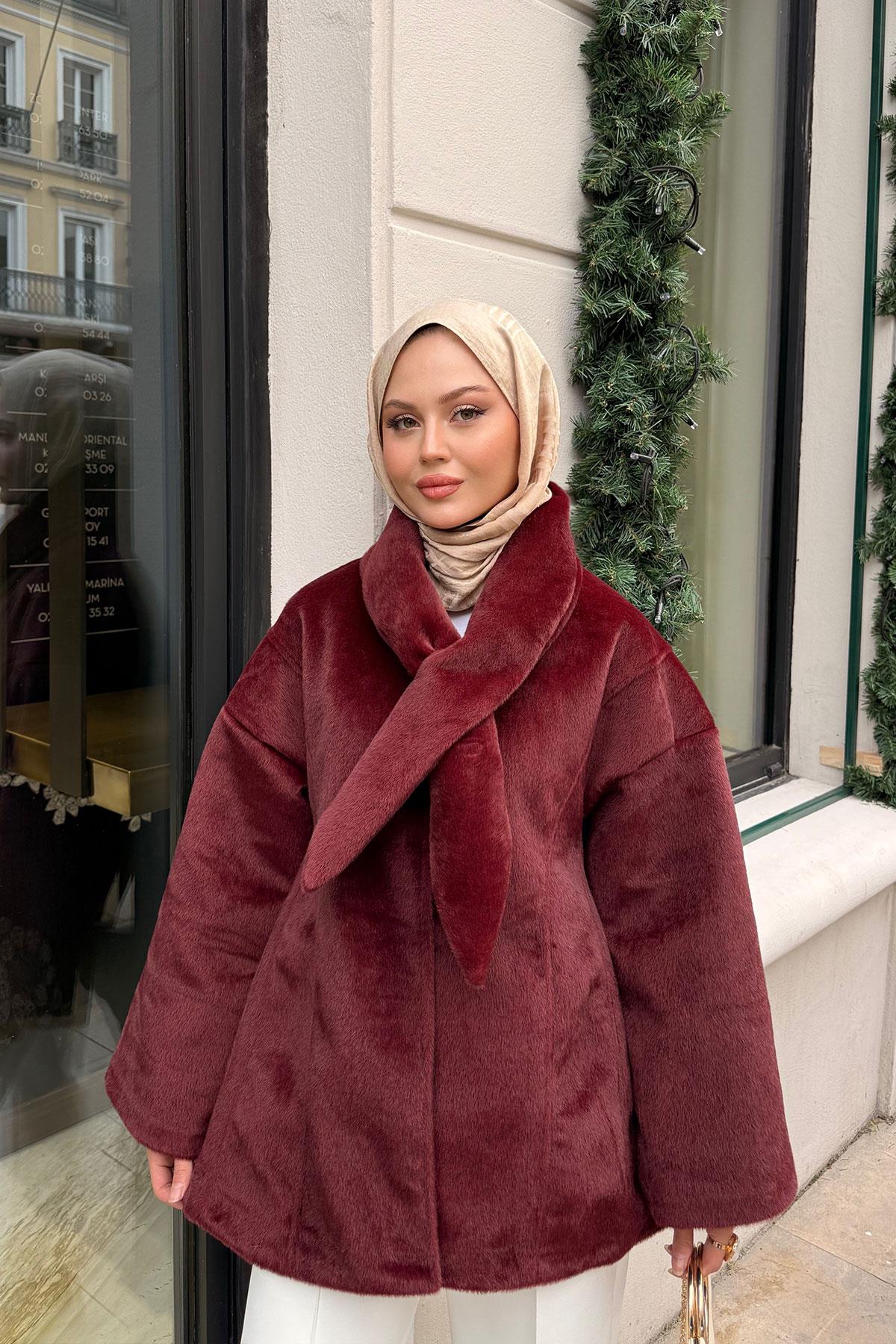 Peluş Detay Şallı Ceket Bordo