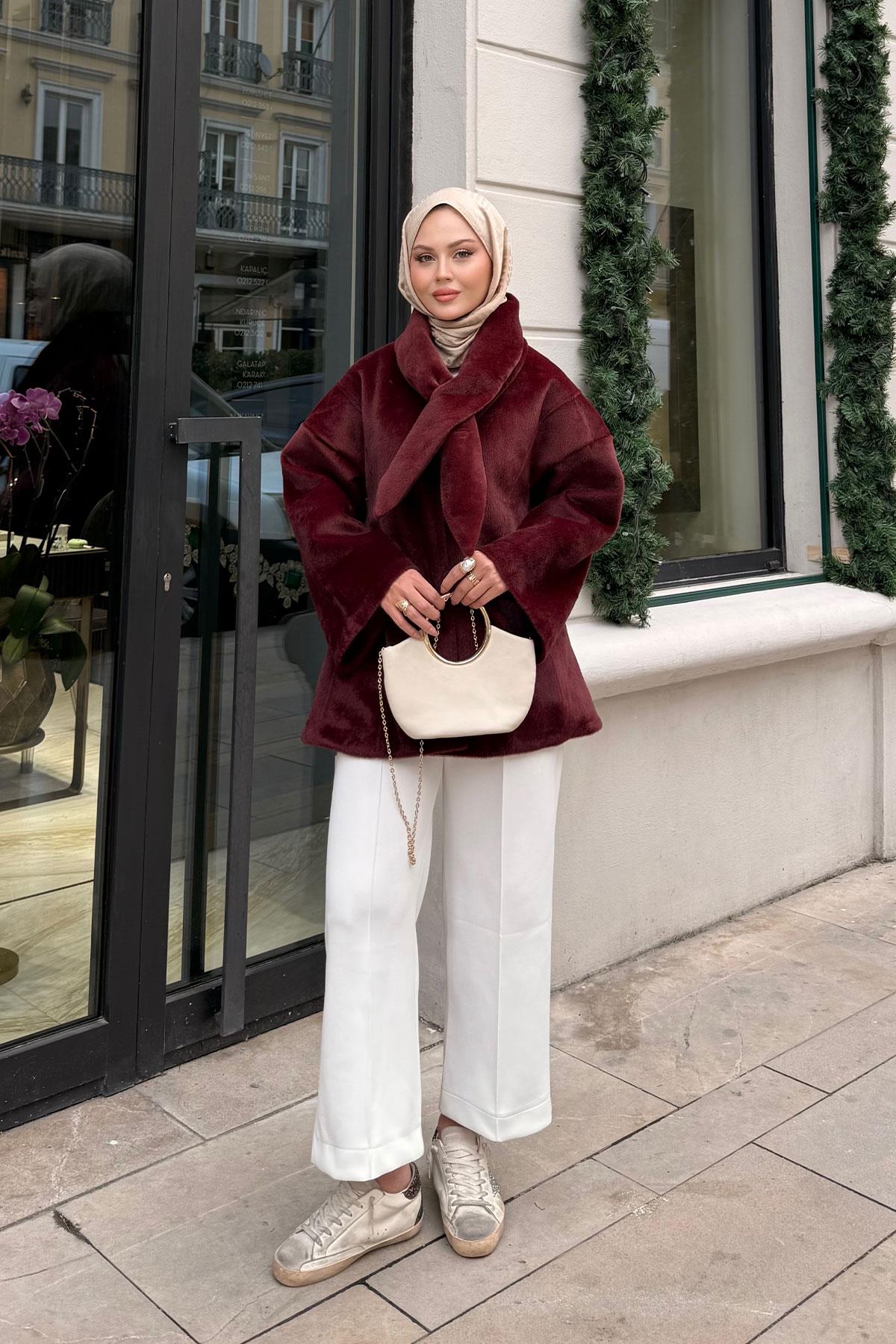 Peluş Detay Şallı Ceket Bordo