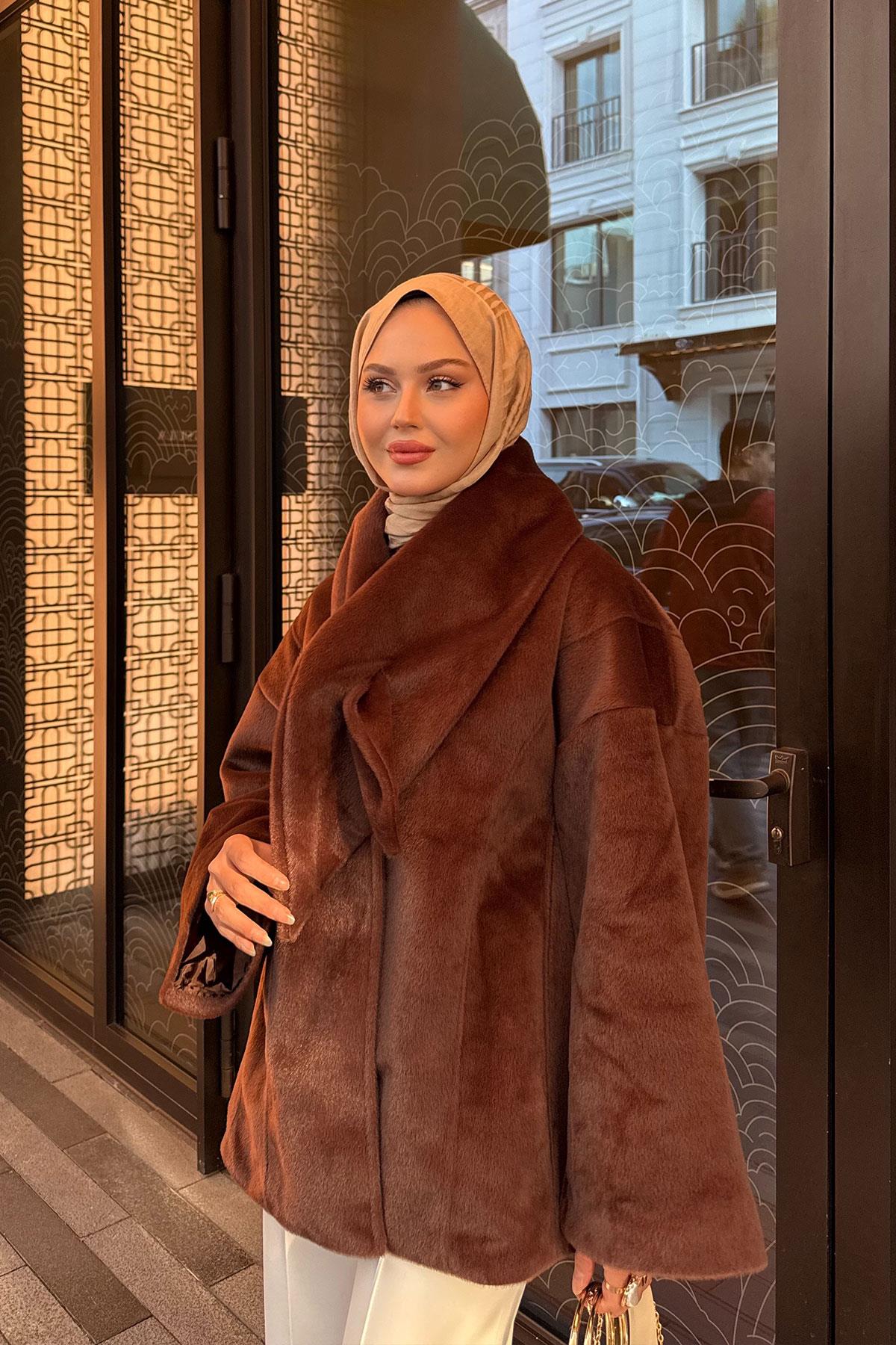 Peluş Detay Şallı Ceket Kahverengi
