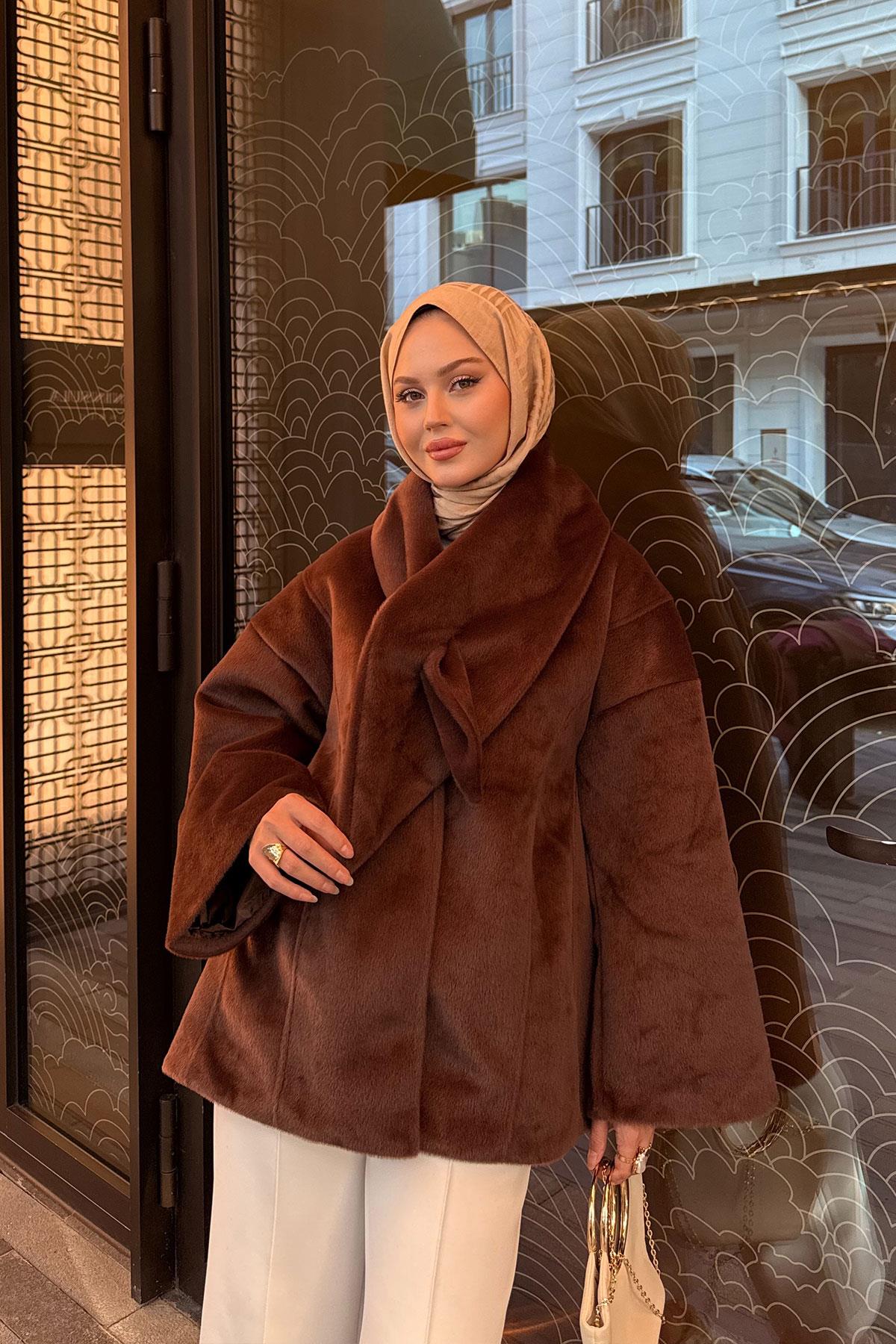 Peluş Detay Şallı Ceket Kahverengi