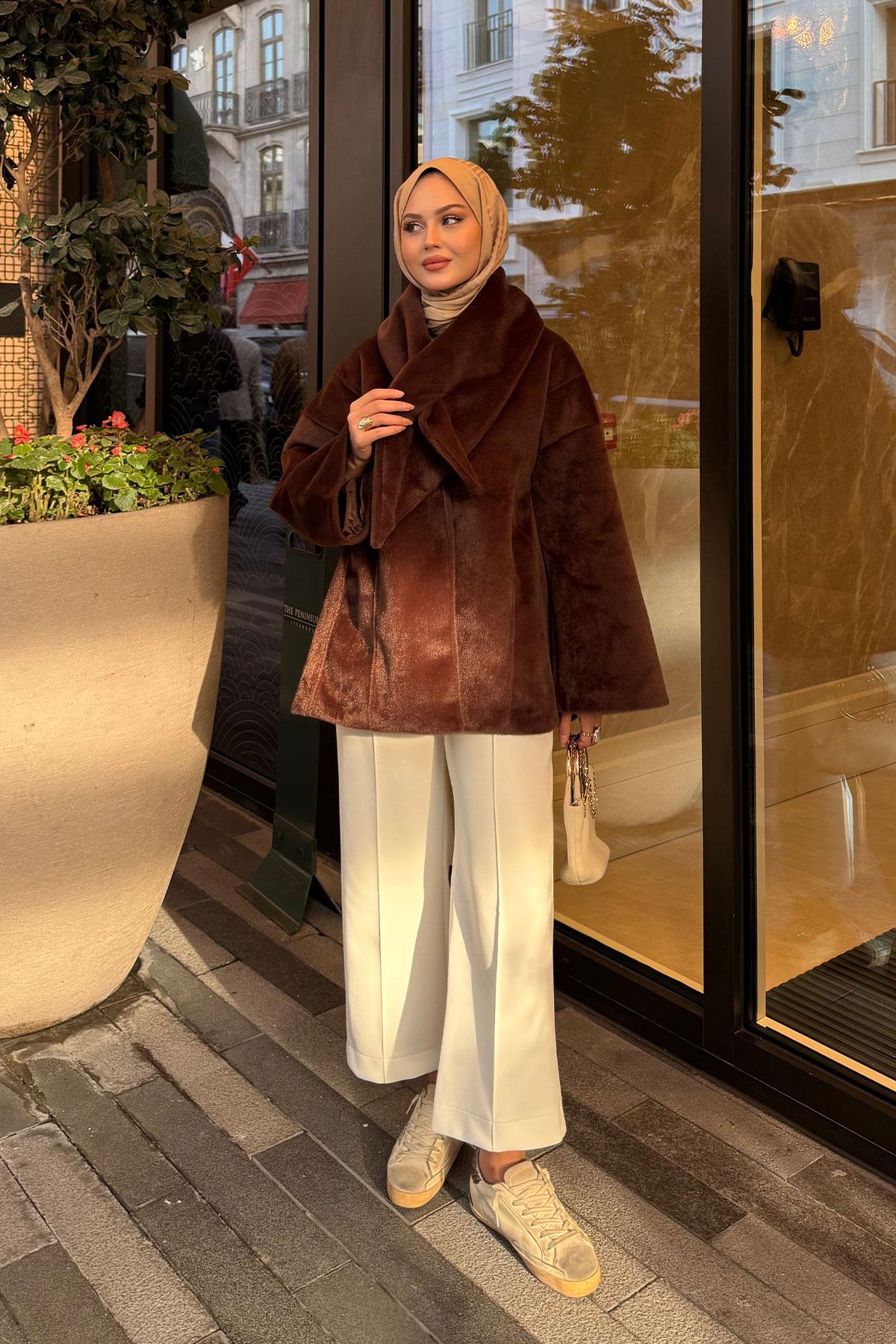 Peluş Detay Şallı Ceket Kahverengi