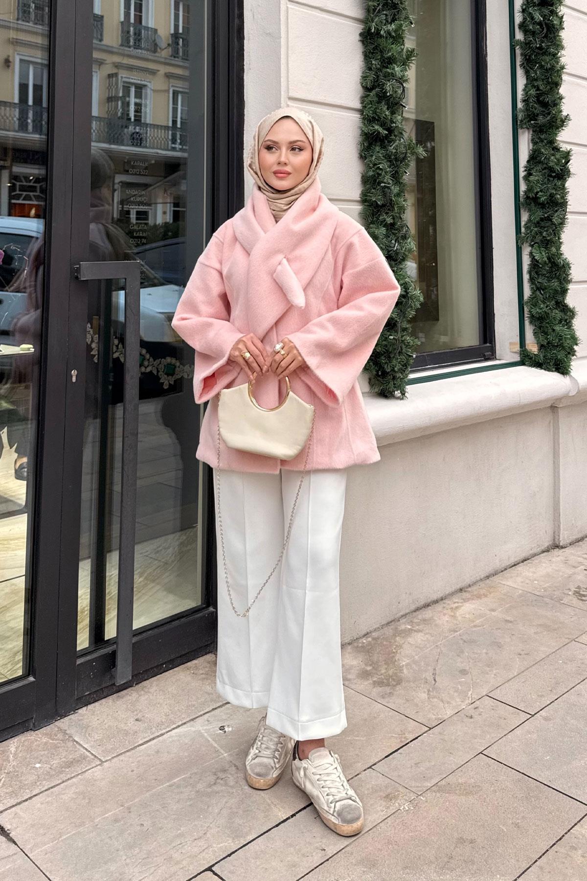 Peluş Detay Şallı Ceket Pembe