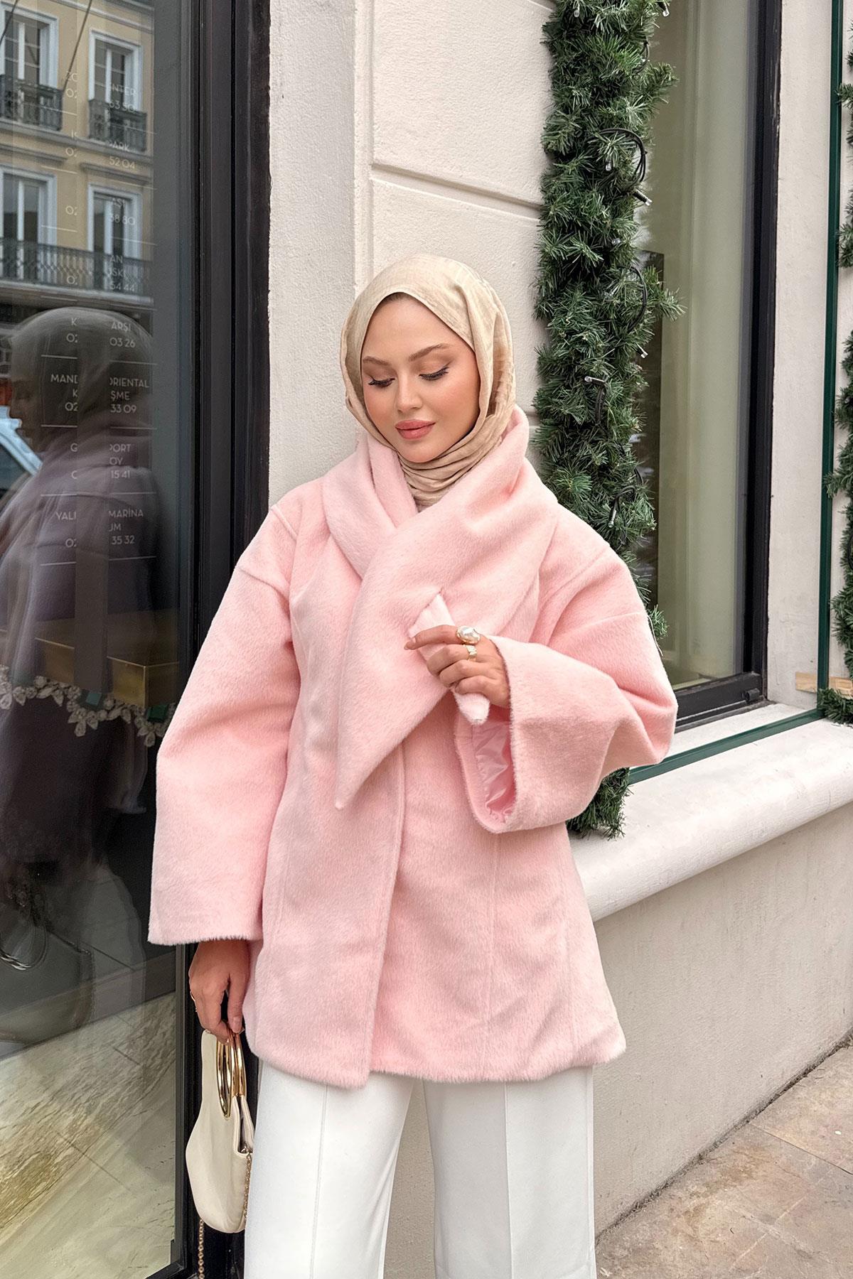 Peluş Detay Şallı Ceket Pembe