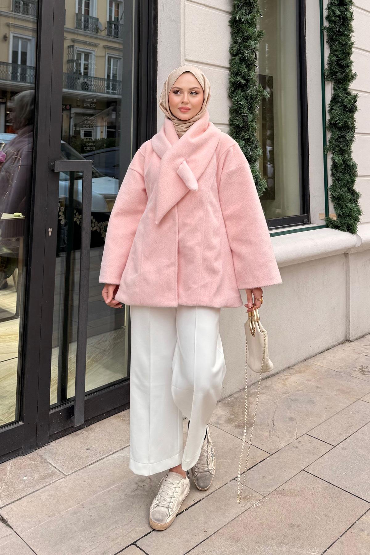 Peluş Detay Şallı Ceket Pembe