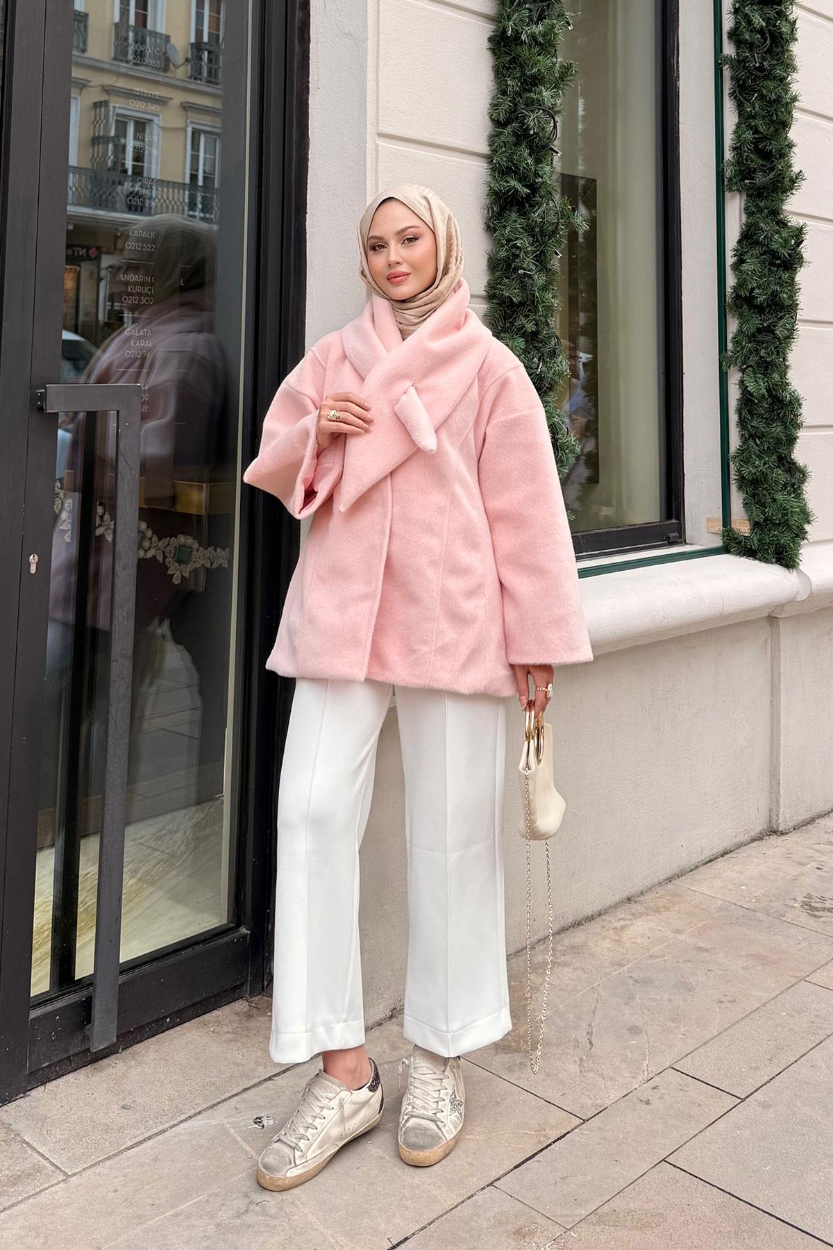 Peluş Detay Şallı Ceket Pembe