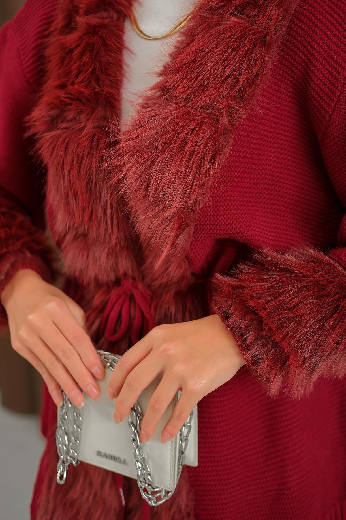 Peluş Detay Triko Takım Bordo