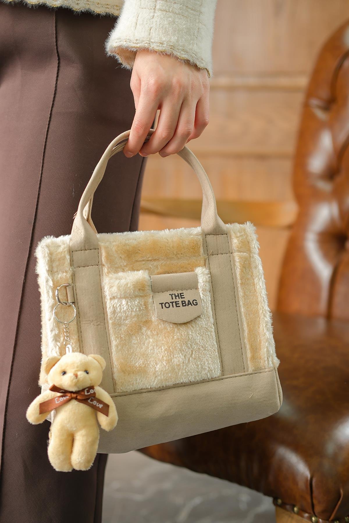 Peluş Ve Ayıcık Detay Çanta Vizon