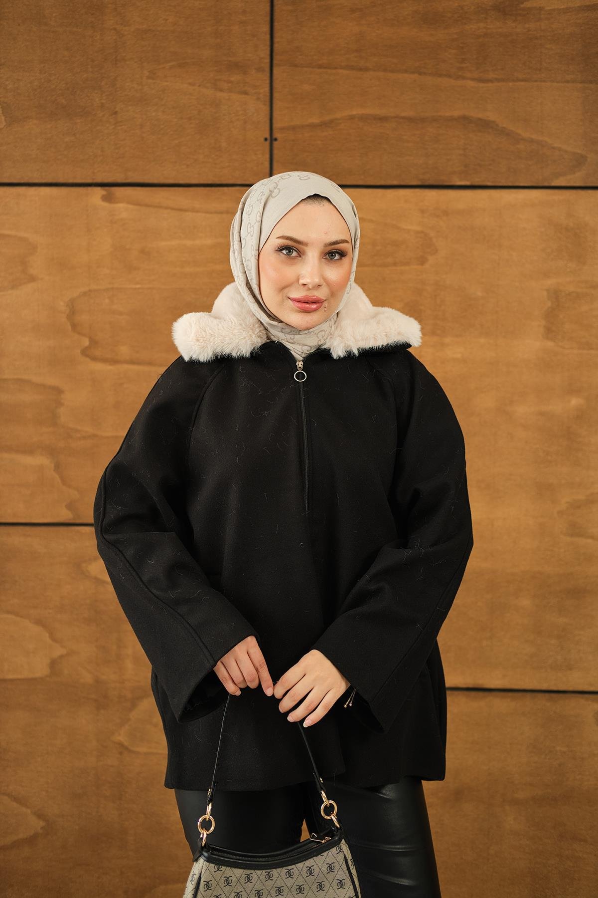 Peluş Yaka Ceket Siyah