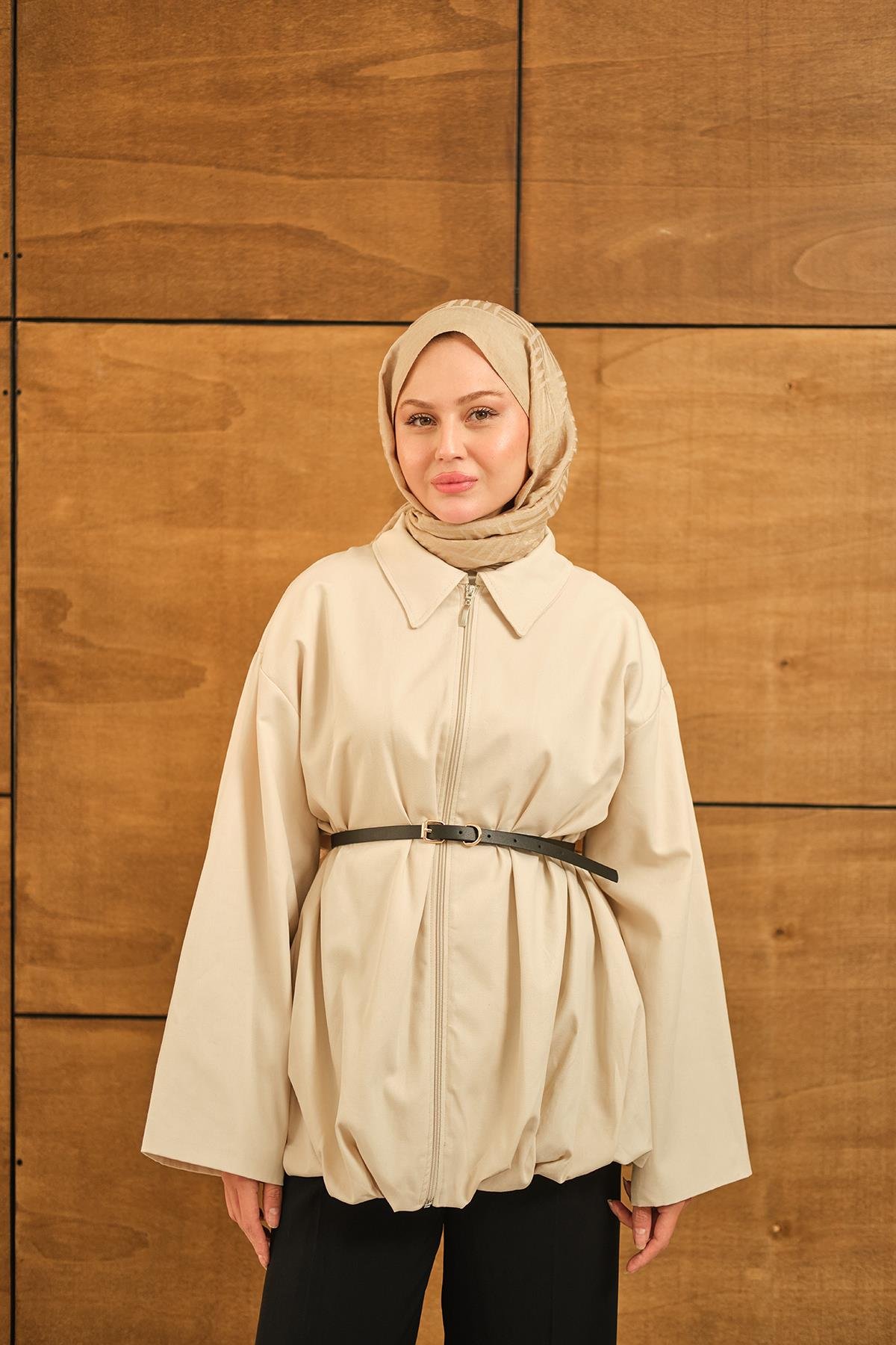 Pile Detay Gabardin Ceket Krem
