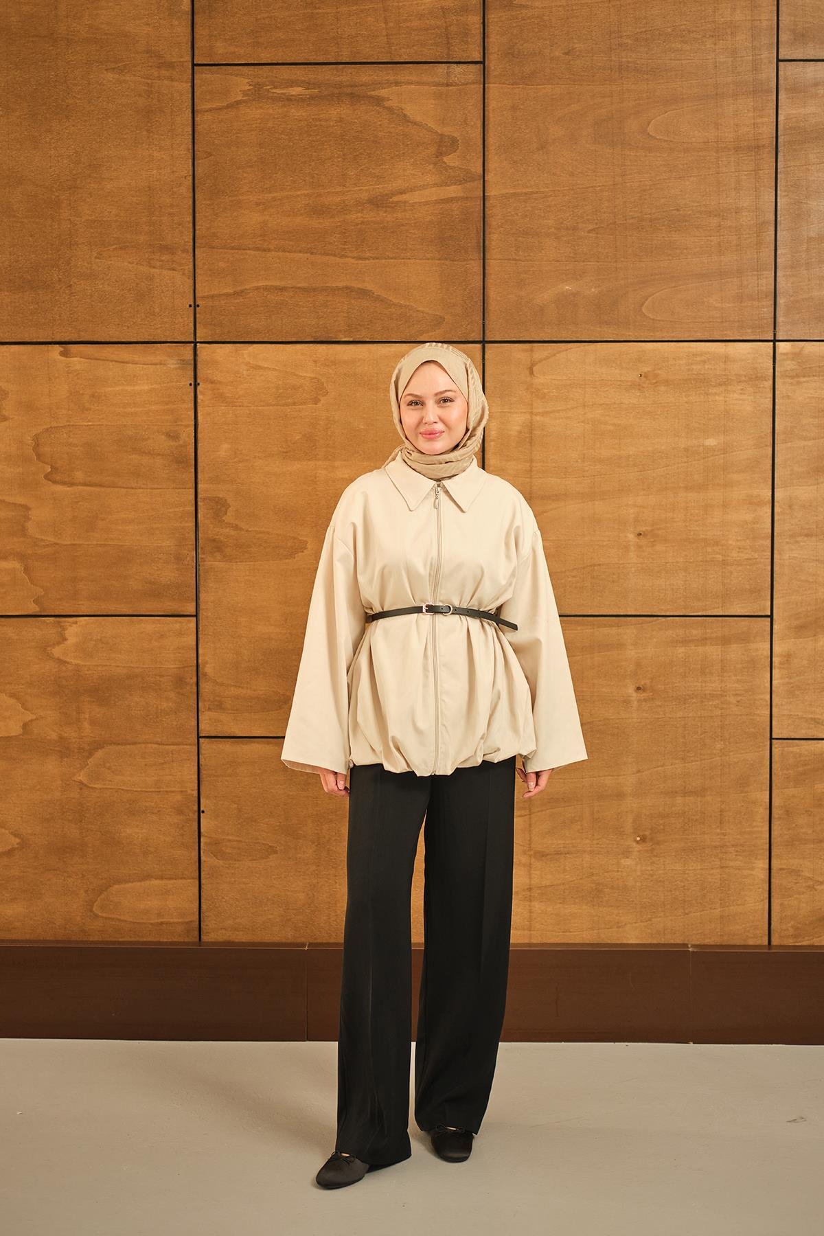 Pile Detay Gabardin Ceket Krem