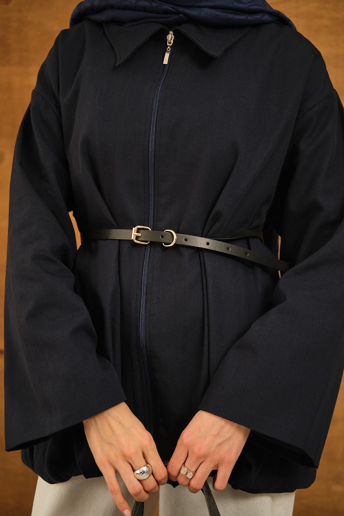 Pile Detay Gabardin Ceket Lacivert