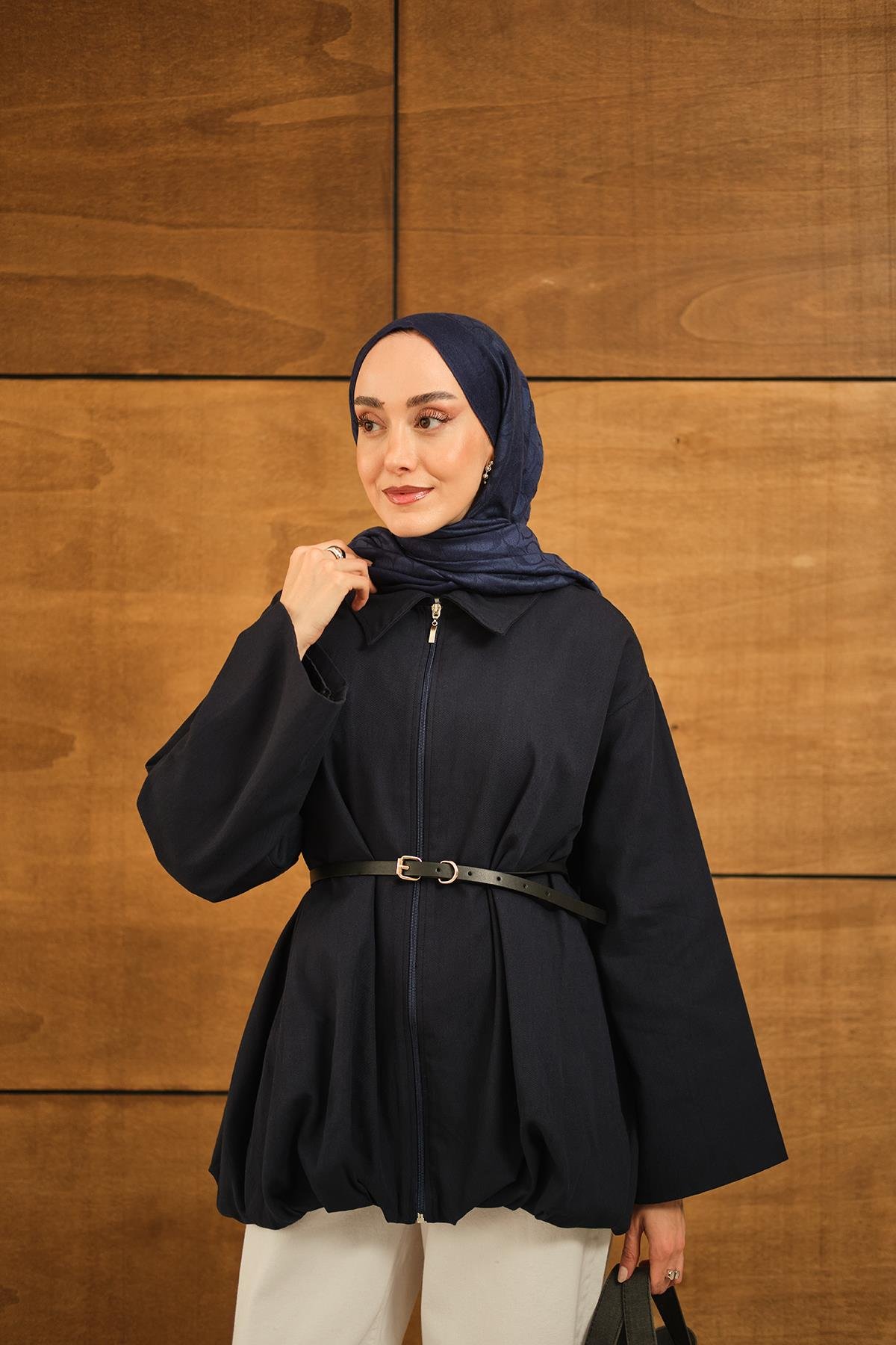 Pile Detay Gabardin Ceket Lacivert