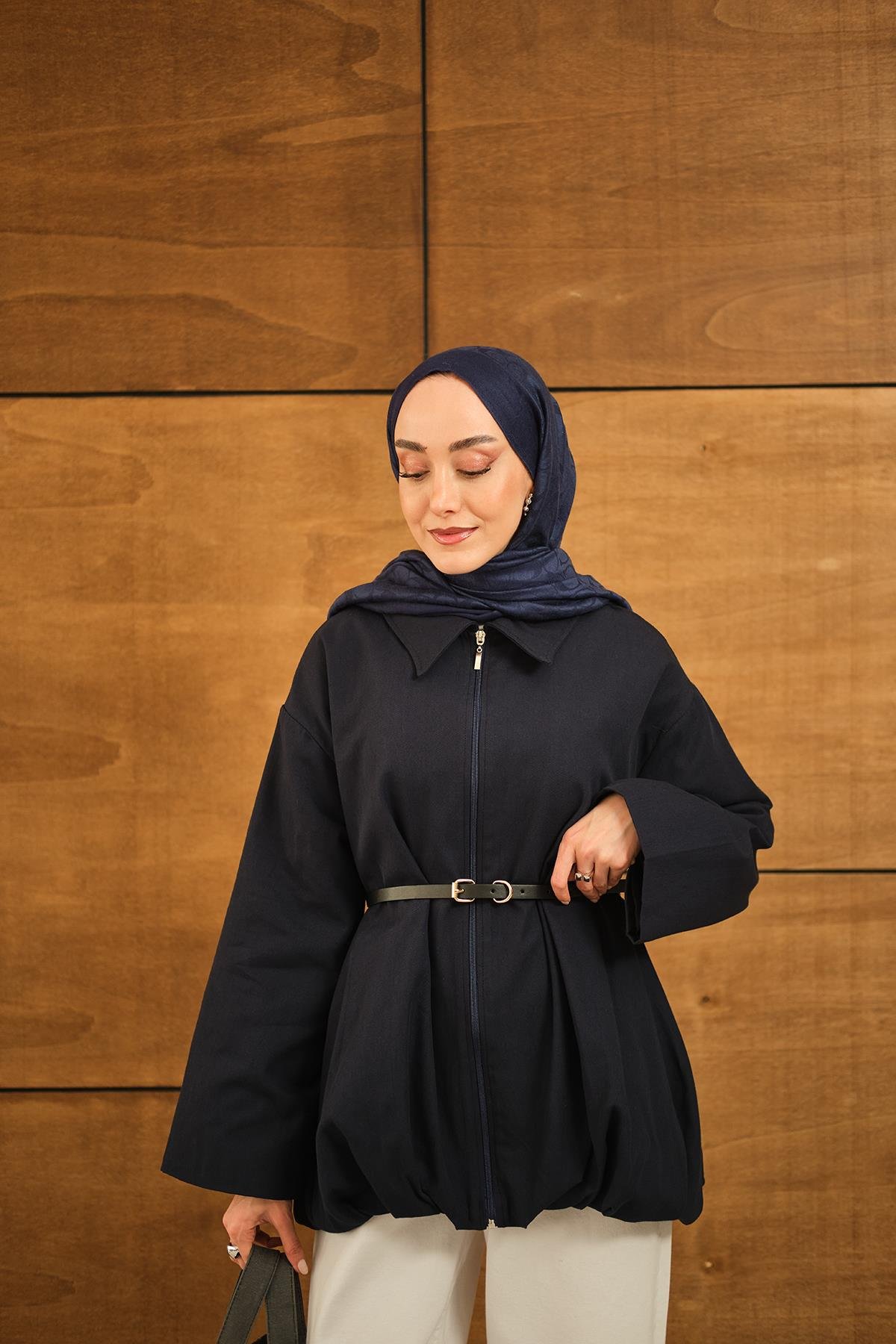 Pile Detay Gabardin Ceket Lacivert