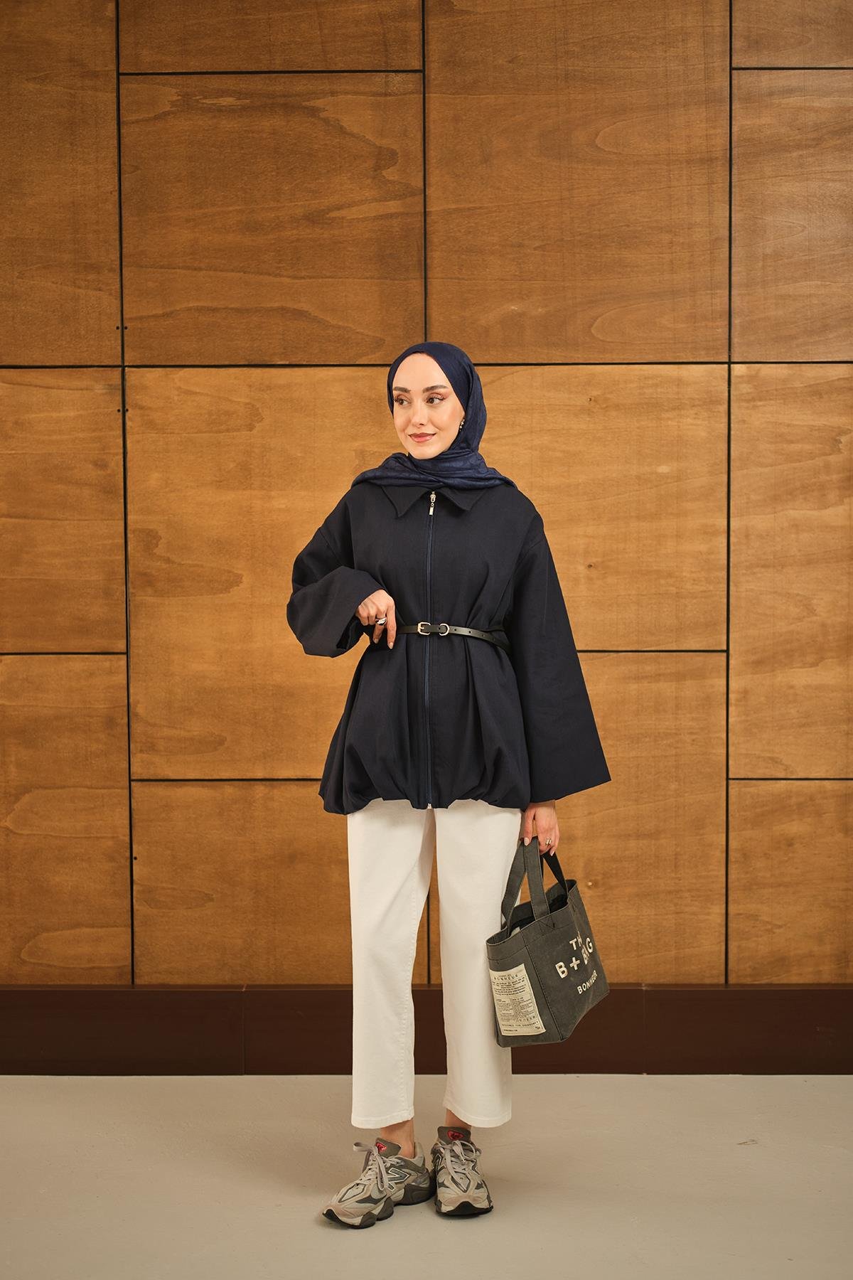 Pile Detay Gabardin Ceket Lacivert