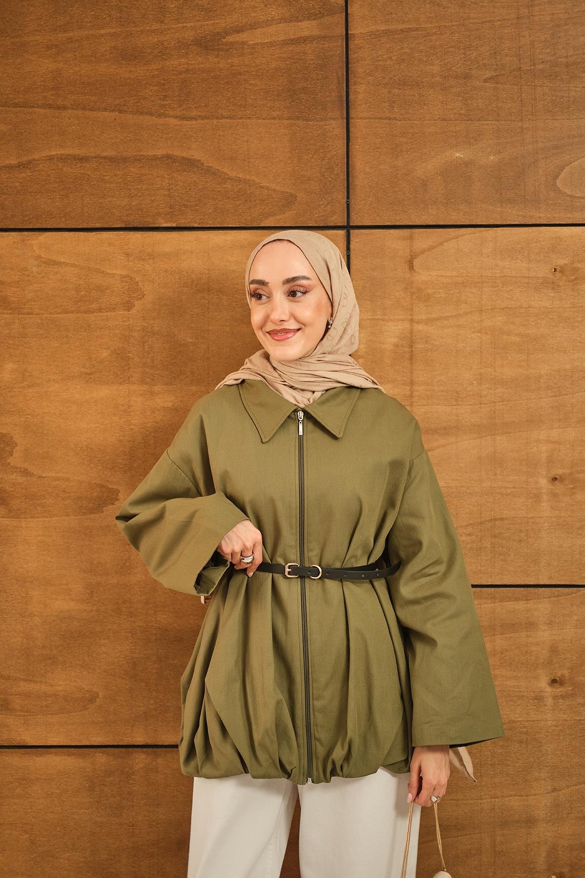 Pile Detay Gabardin Ceket Yeşil