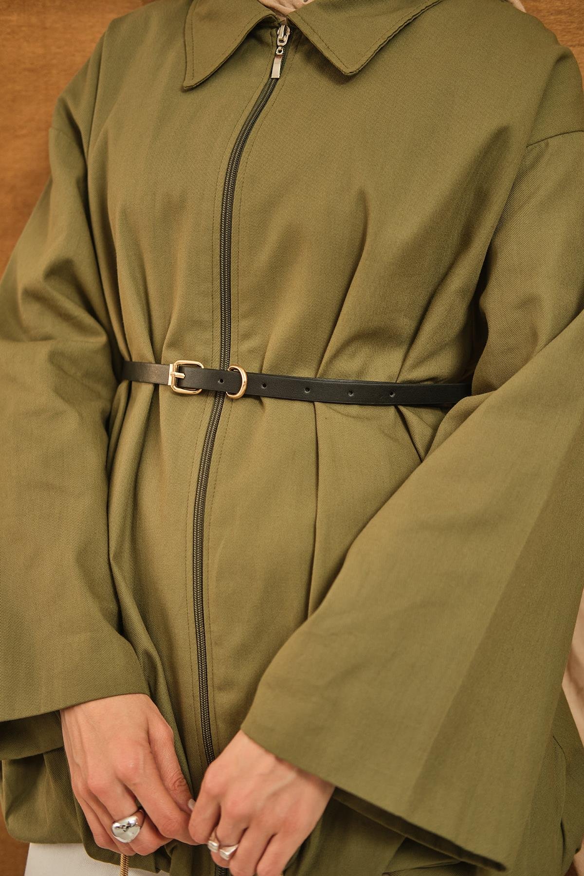 Pile Detay Gabardin Ceket Yeşil