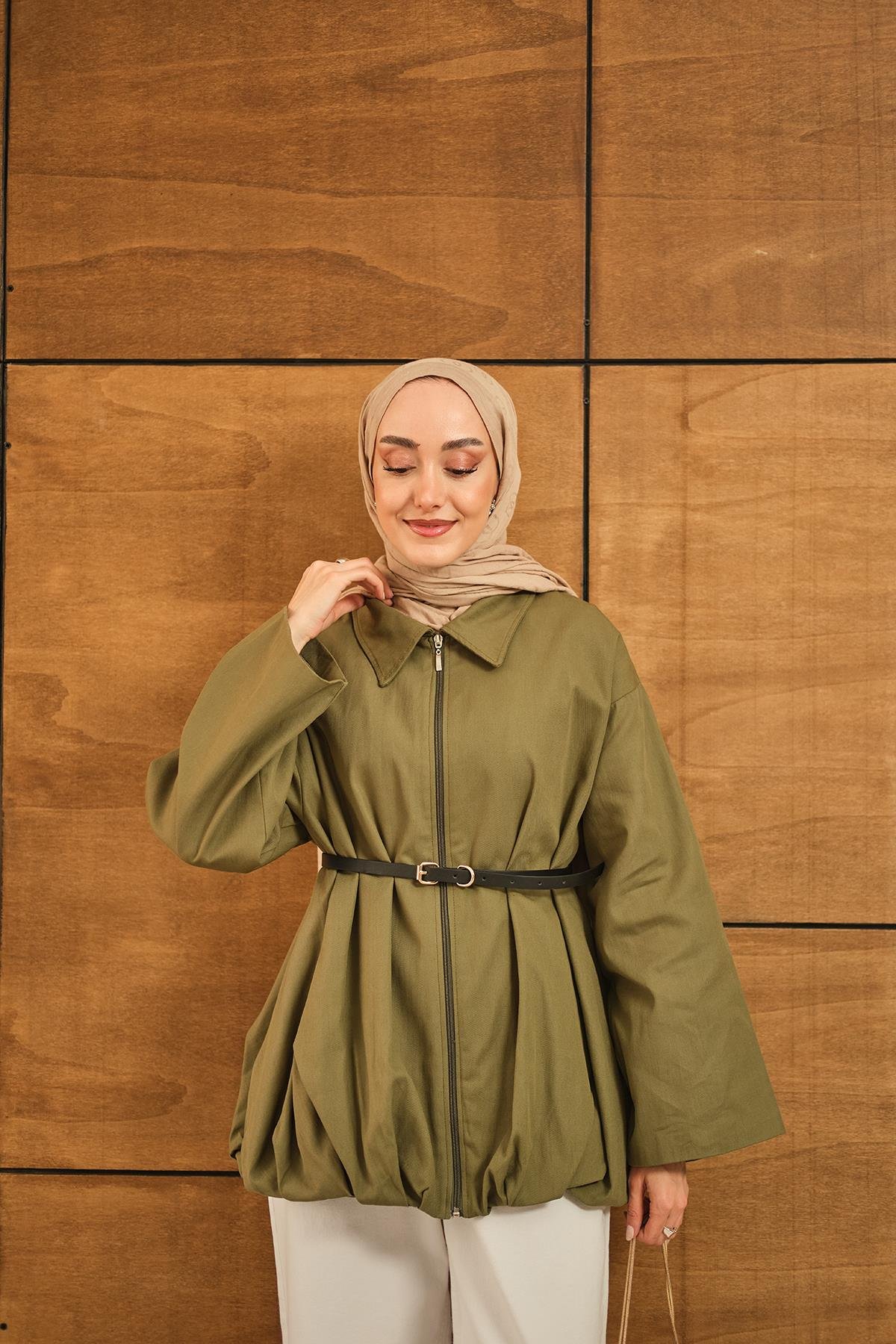 Pile Detay Gabardin Ceket Yeşil