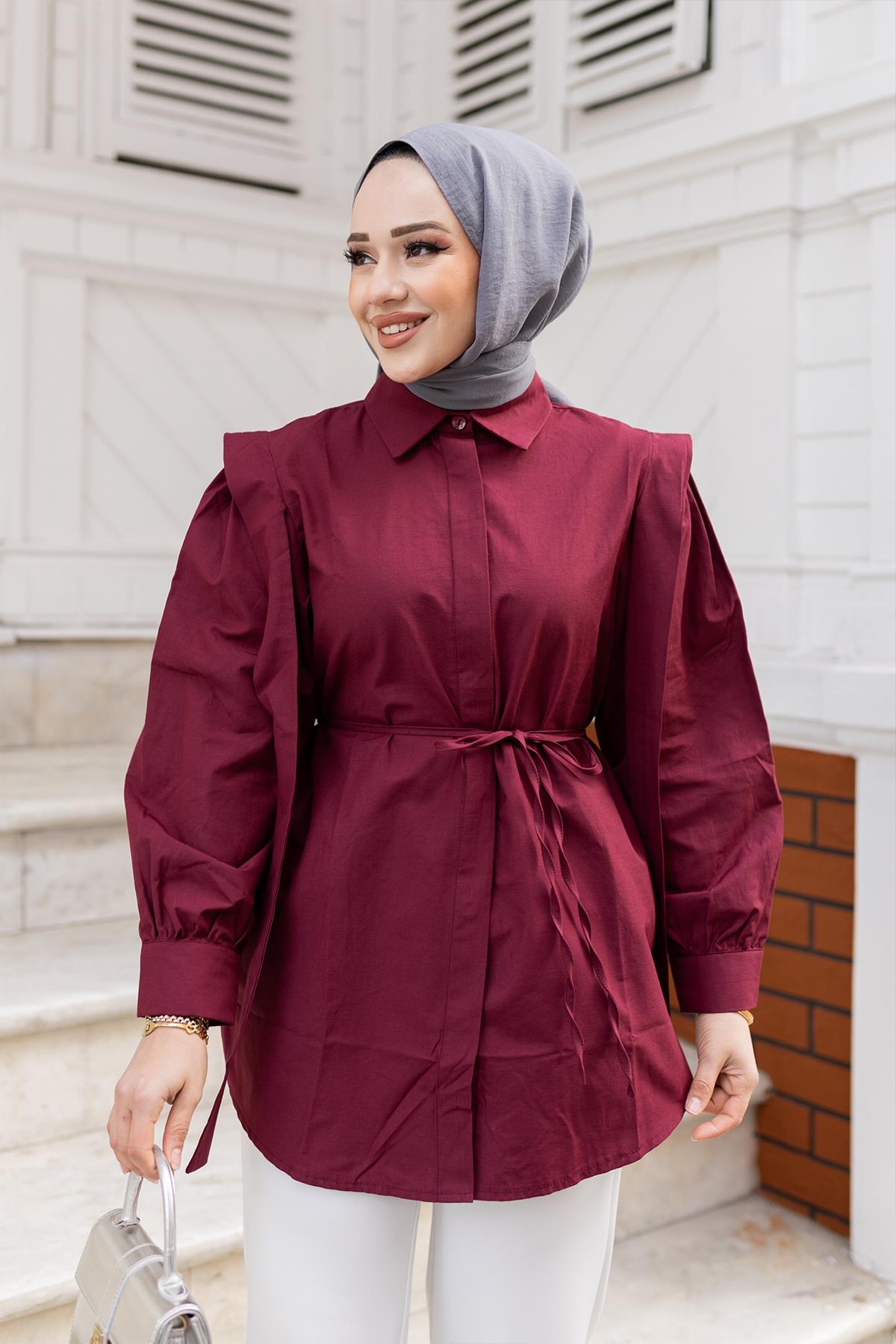 Pile Detay Önü Gizli Düğmeli Gömlek Bordo
