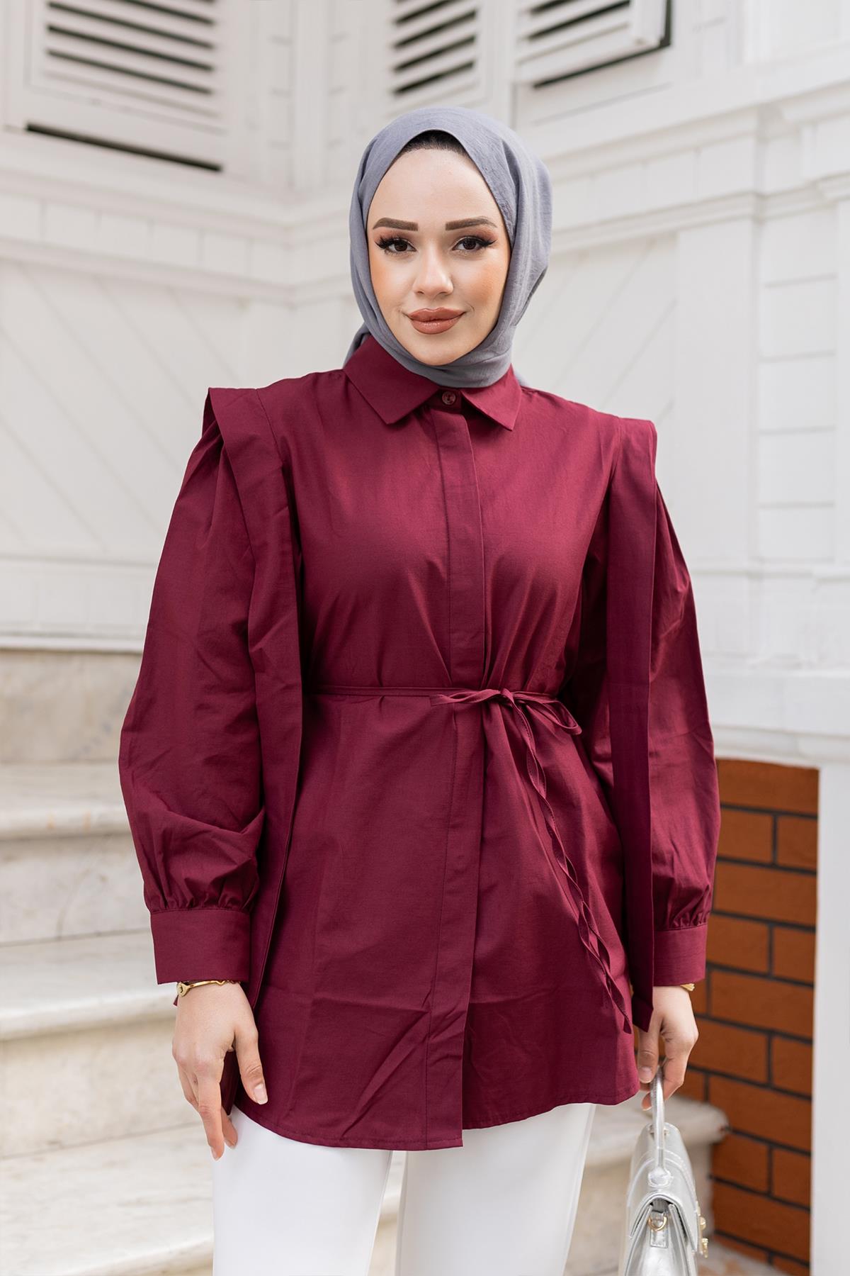 Pile Detay Önü Gizli Düğmeli Gömlek Bordo
