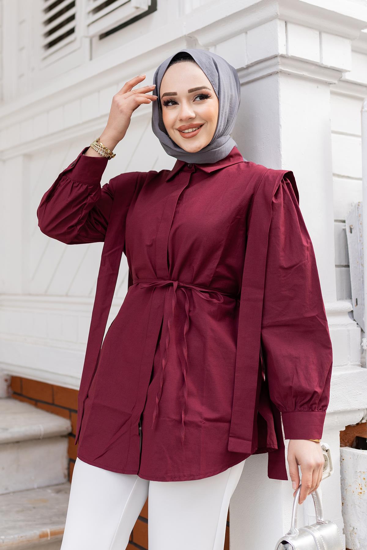 Pile Detay Önü Gizli Düğmeli Gömlek Bordo