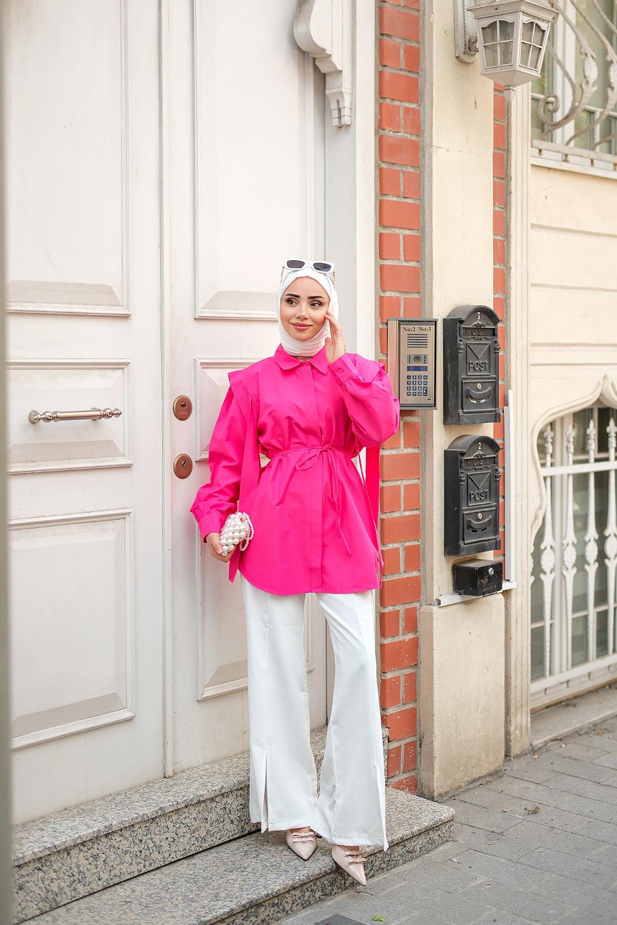 Pile Detay Önü Gizli Düğmeli Gömlek Fuşya