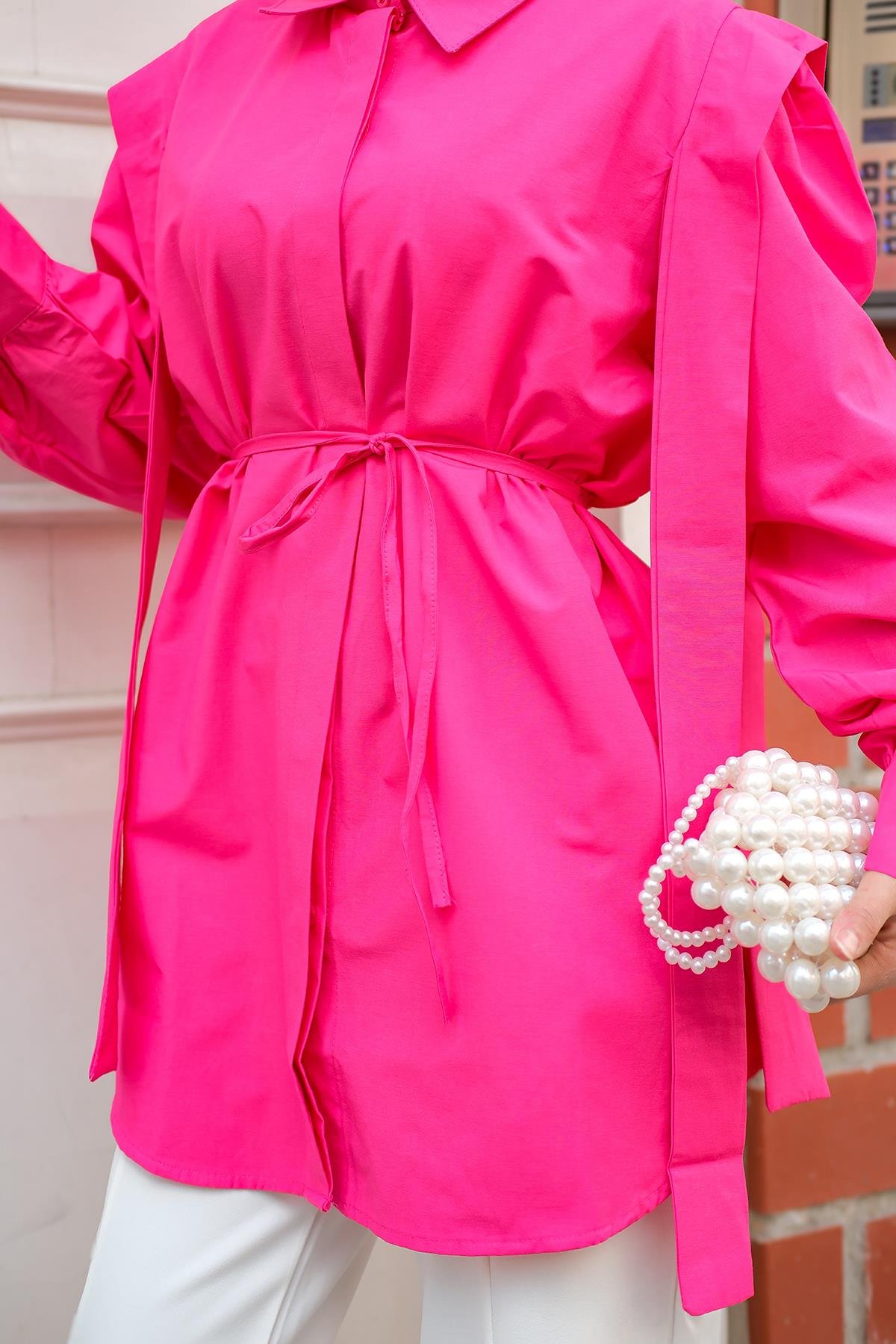 Pile Detay Önü Gizli Düğmeli Gömlek Fuşya