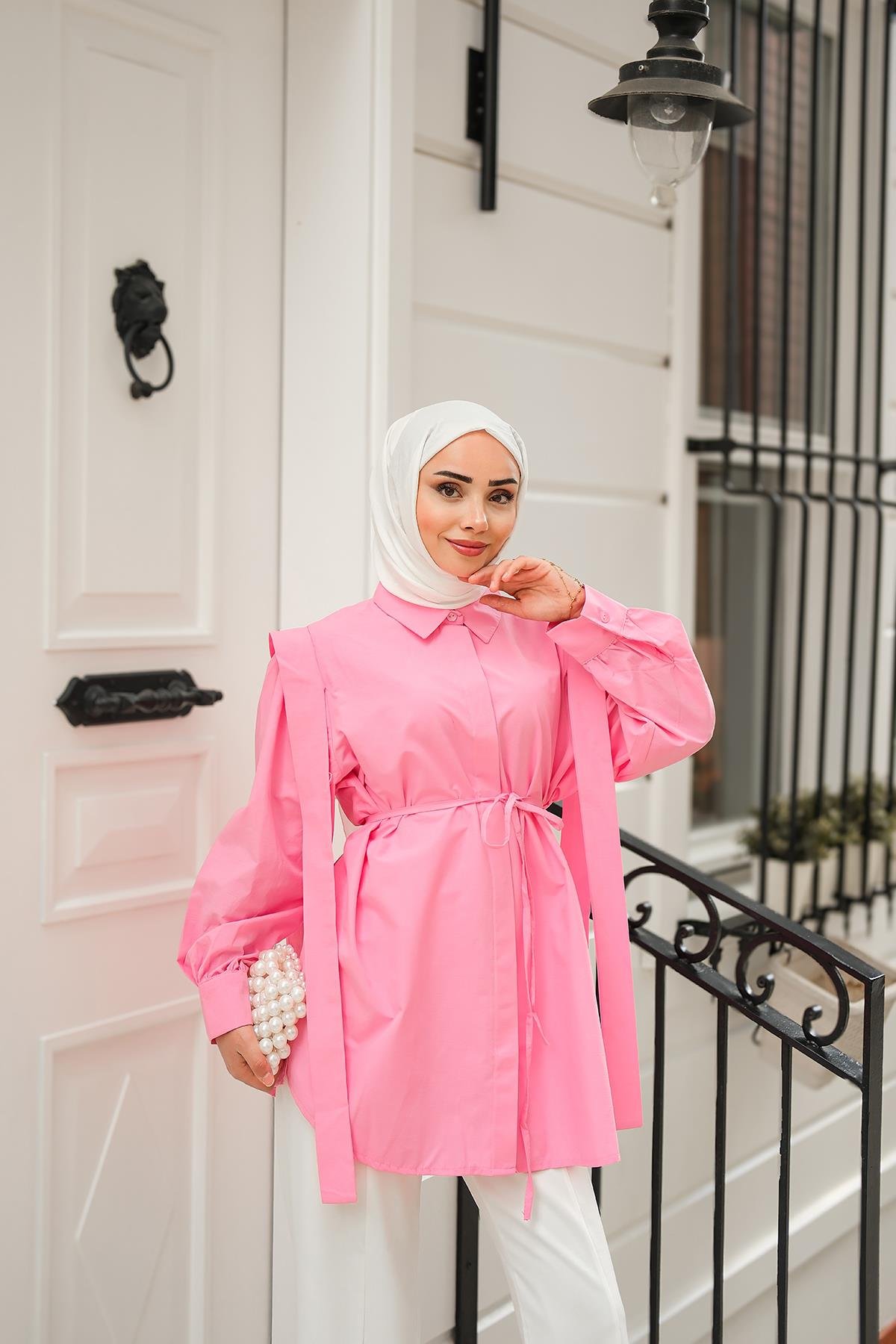 Pile Detay Önü Gizli Düğmeli Gömlek  Koyu Pembe