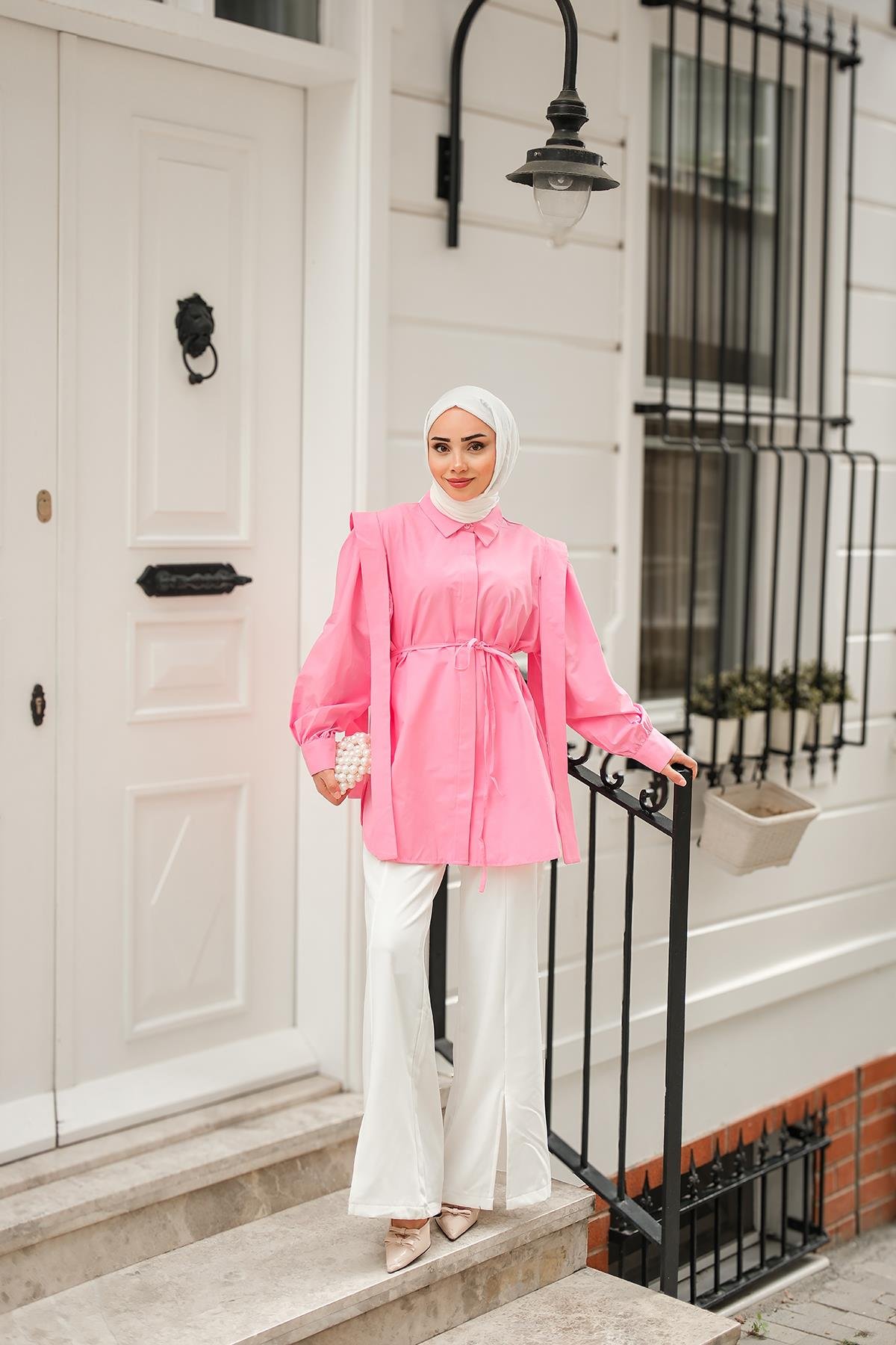 Pile Detay Önü Gizli Düğmeli Gömlek  Koyu Pembe