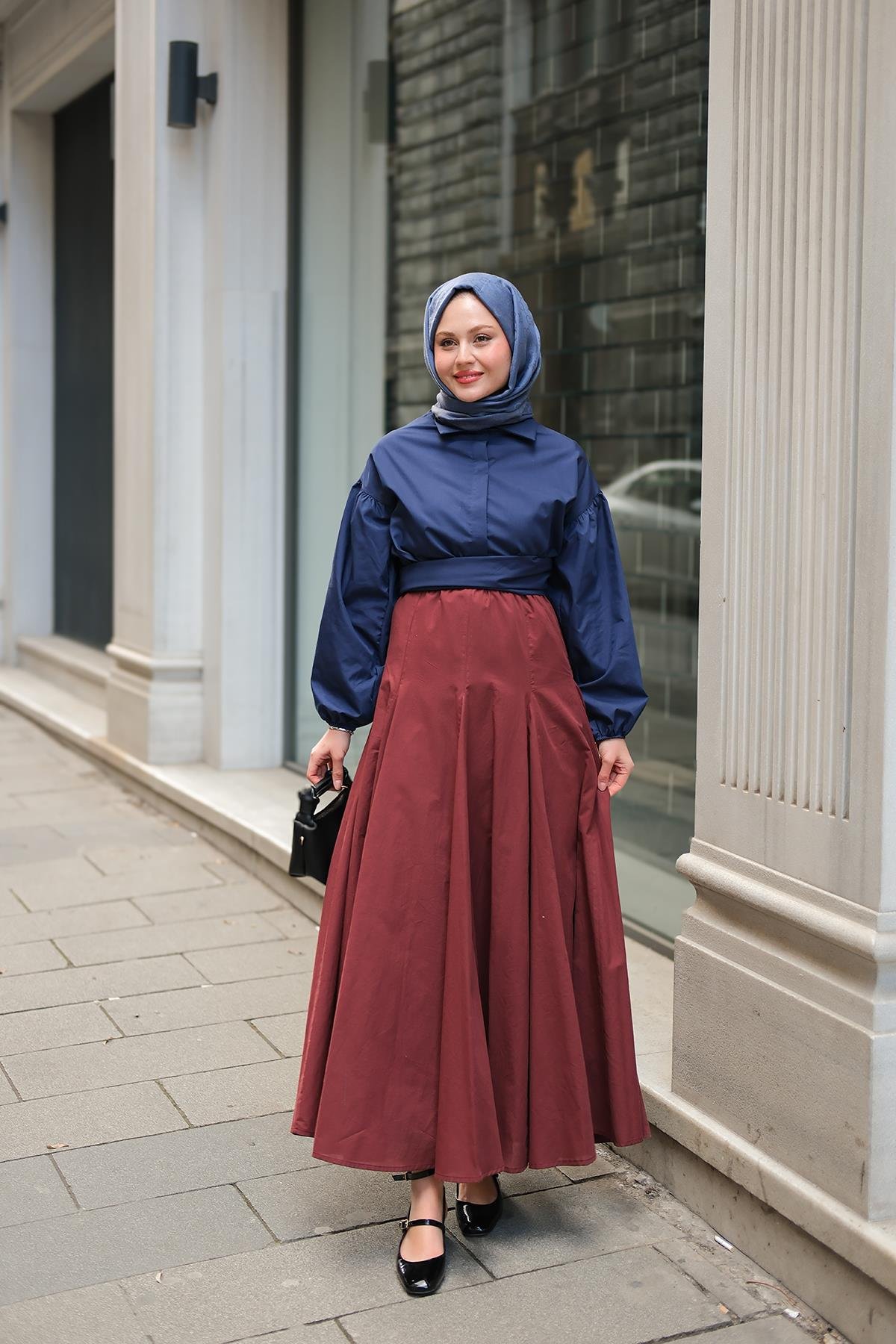 Pile Detaylı Vual Etek Bordo