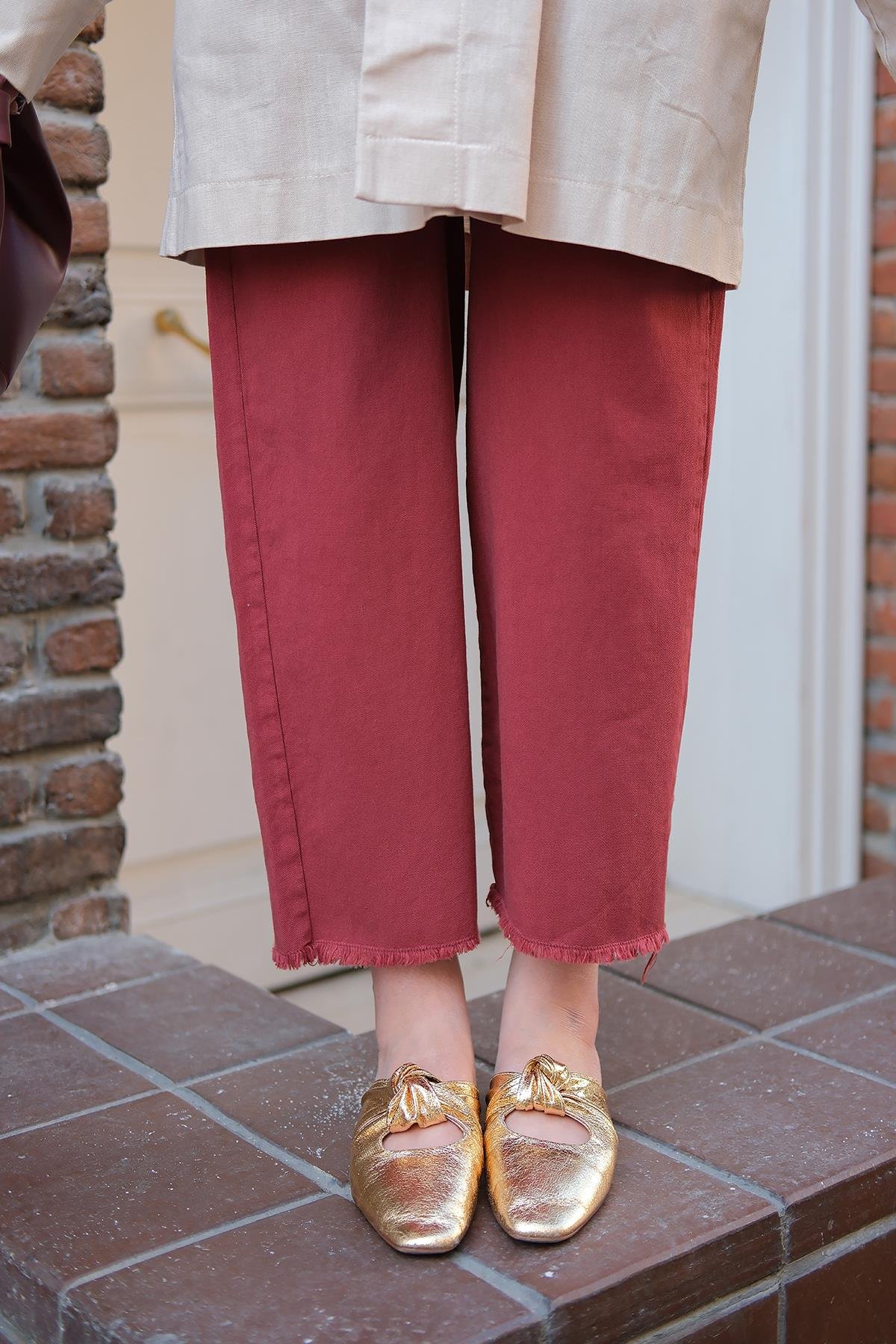 Pileli Ham Pantolon Bordo