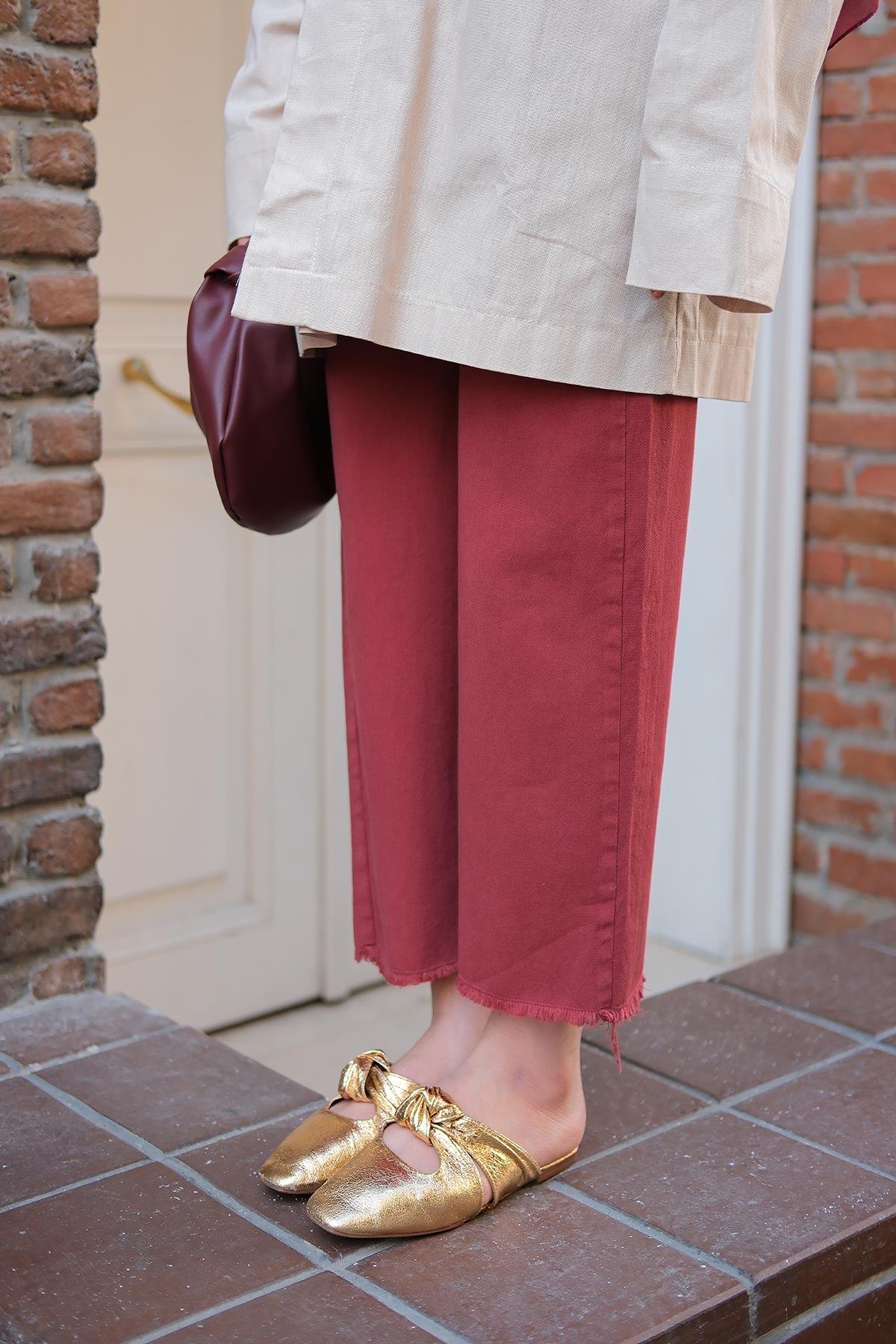 Pileli Ham Pantolon Bordo