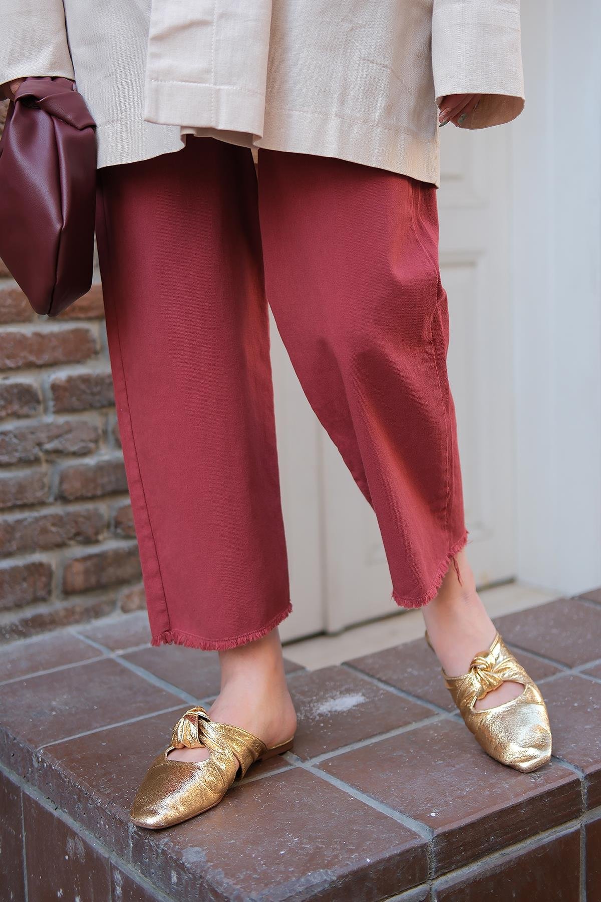 Pileli Ham Pantolon Bordo