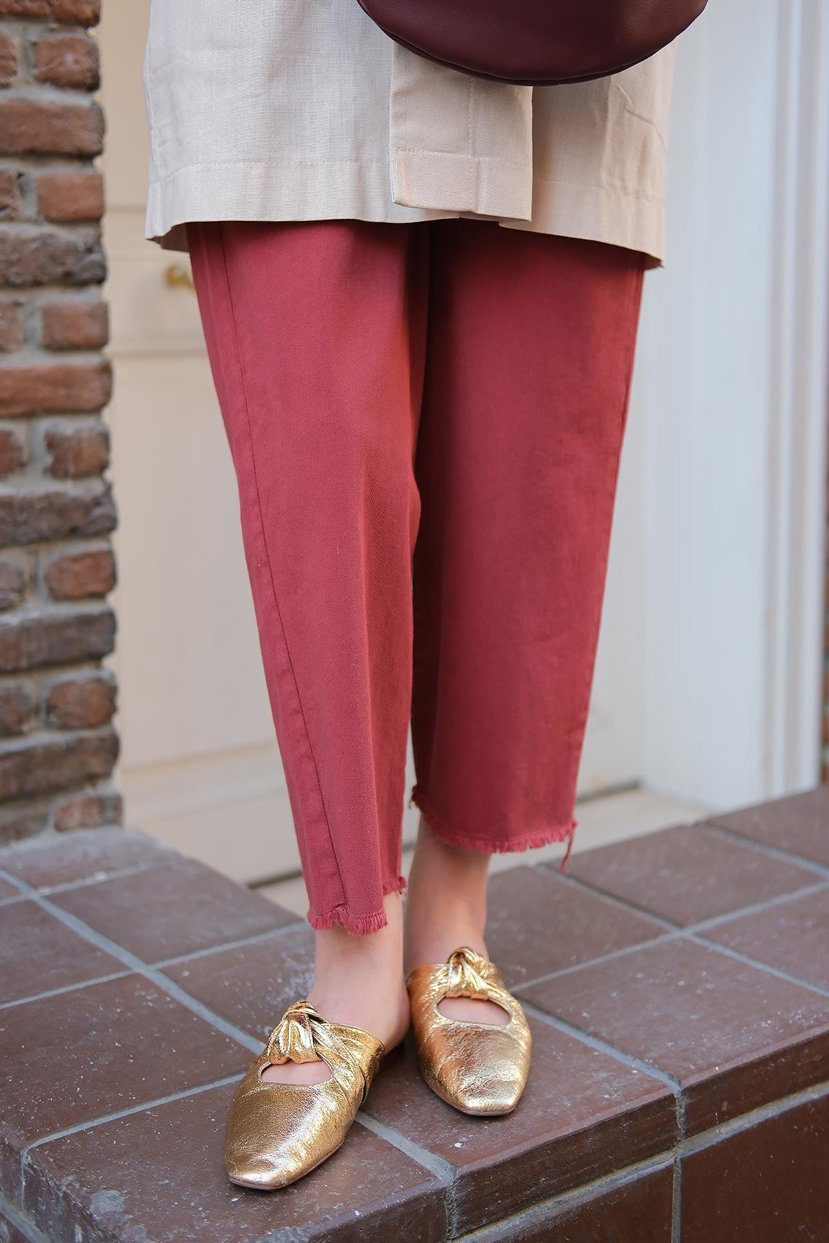 Pileli Ham Pantolon Bordo