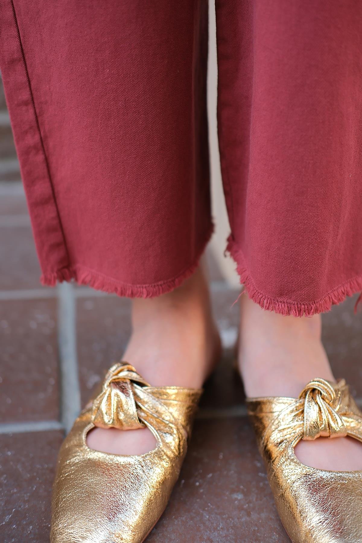 Pileli Ham Pantolon Bordo