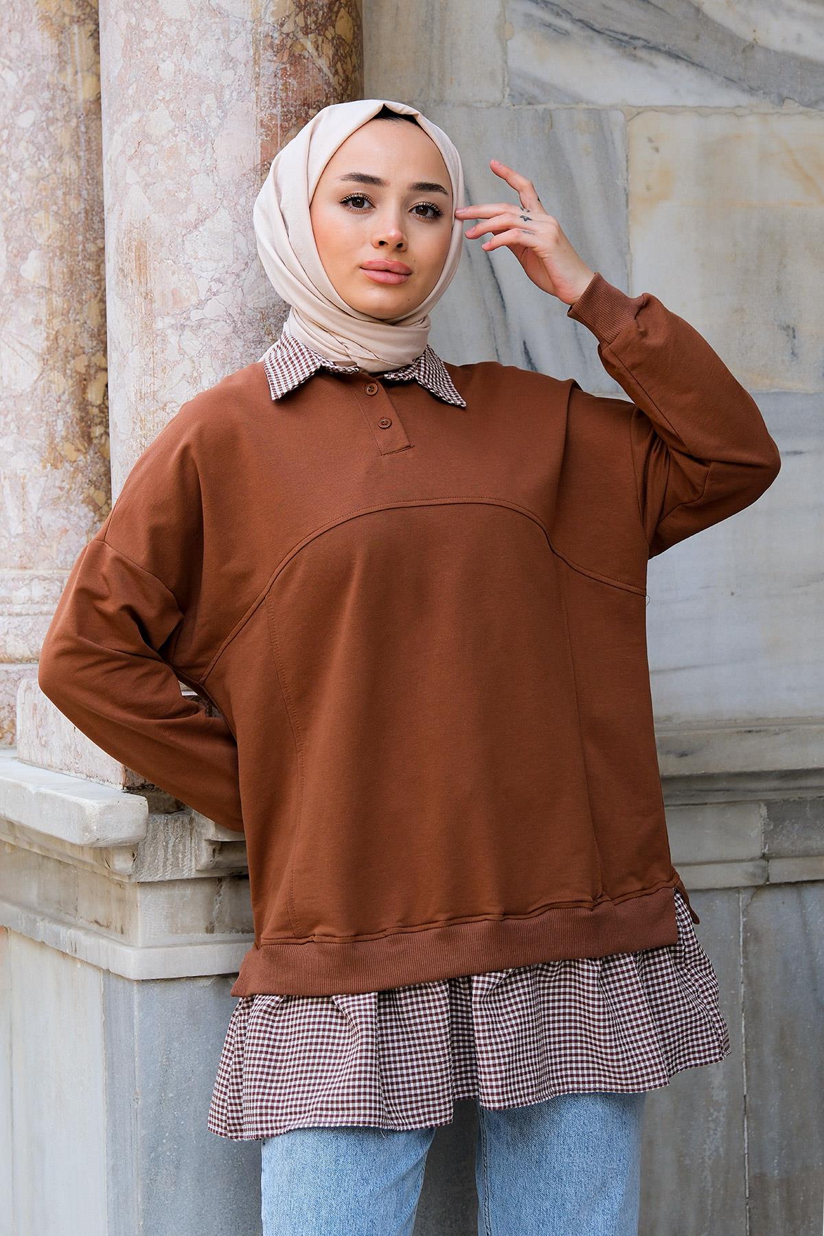 Polo Yaka Eteği Büzgülü Tunik Kahverengi